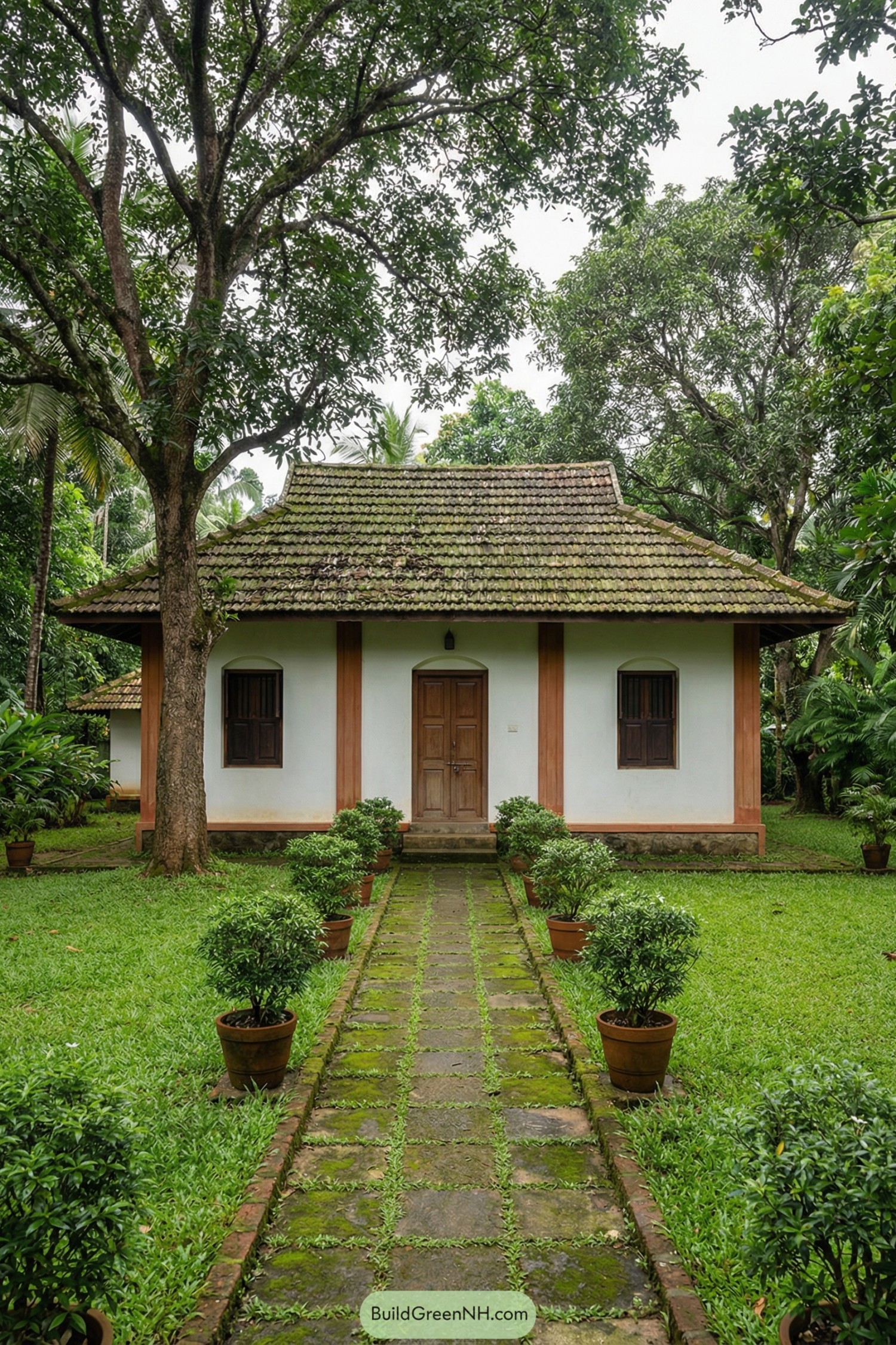 Small white cottage with tiled roof framed by potted plants and dense greenery
