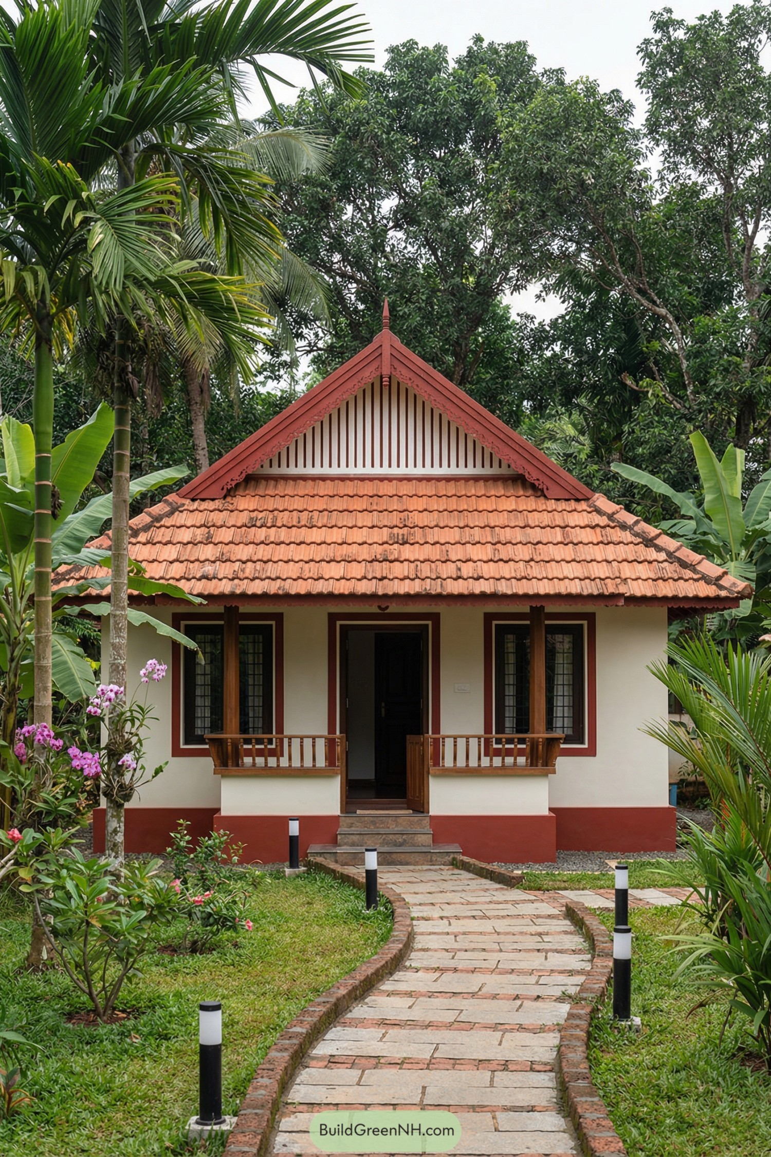 Small terracotta-roof cottage surrounded by lush tropical garden