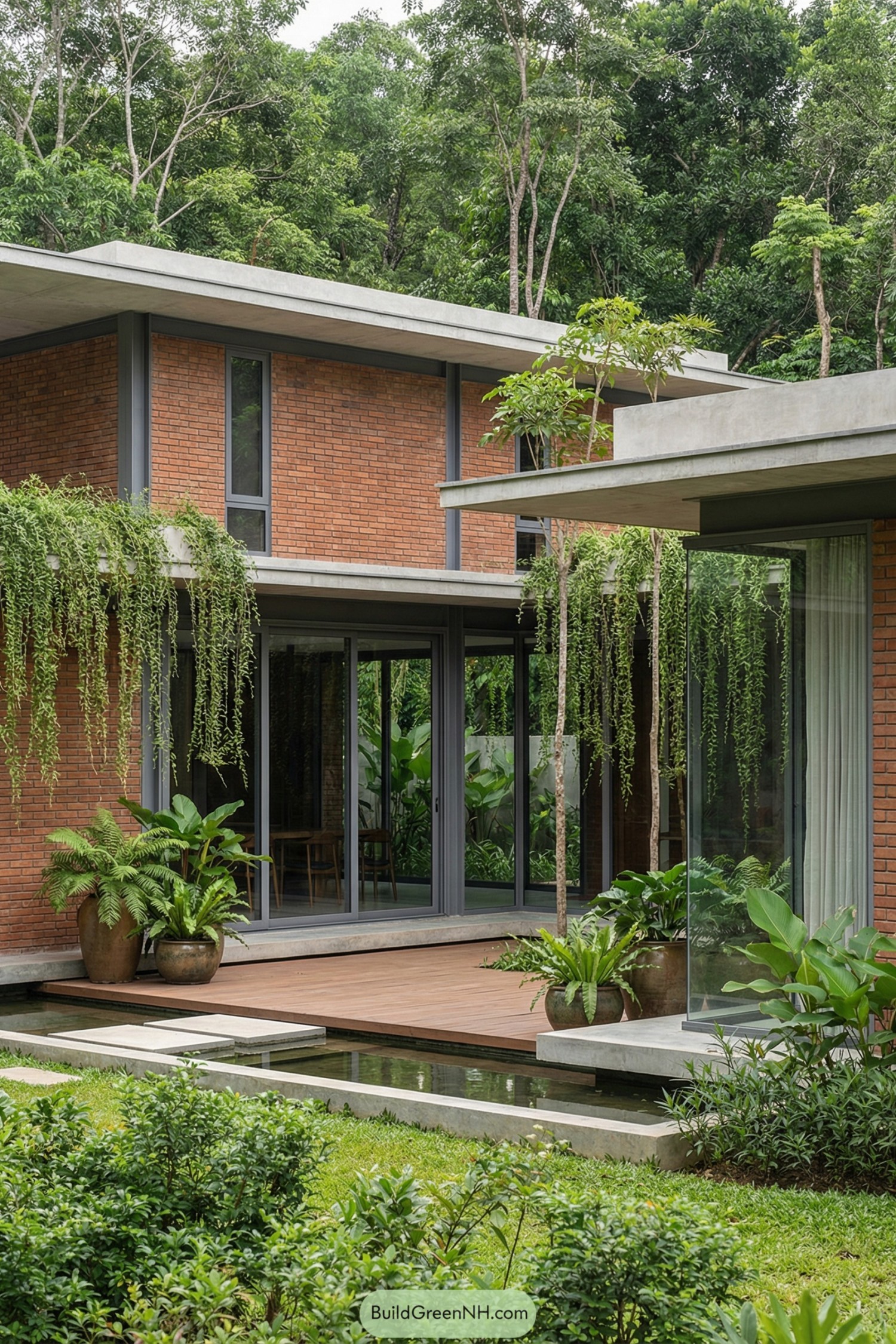 Modern brick house with lush plants and water