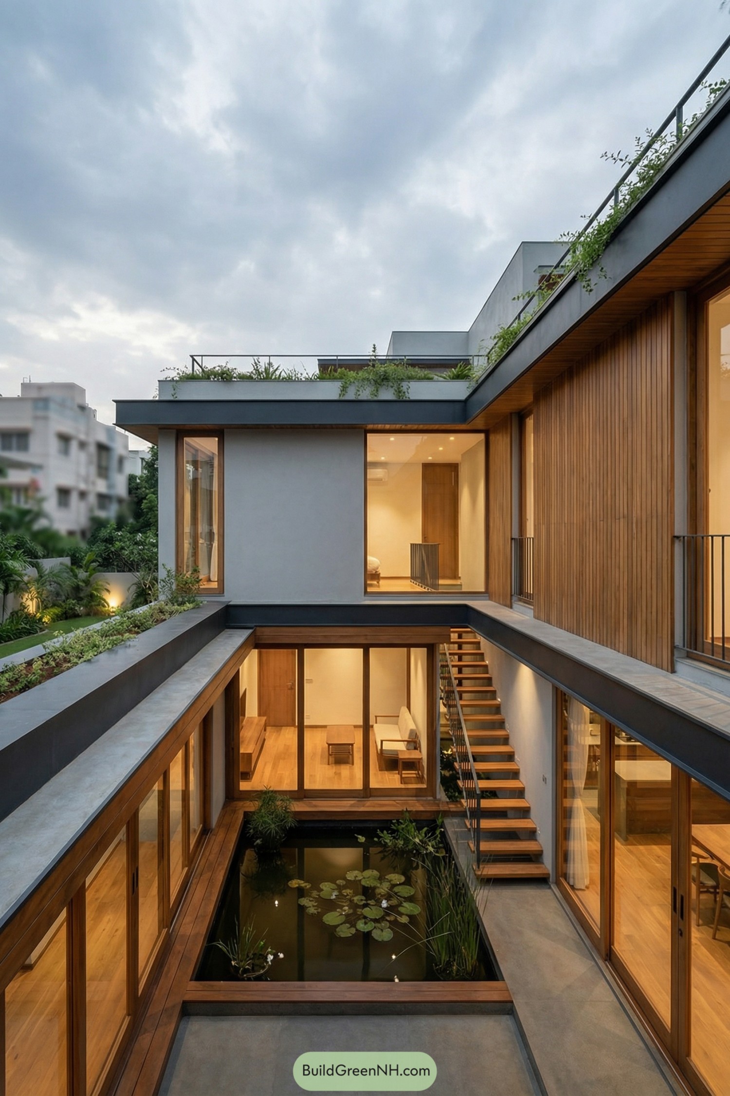 Modern two story house with internal courtyard pond and extensive wood and glass