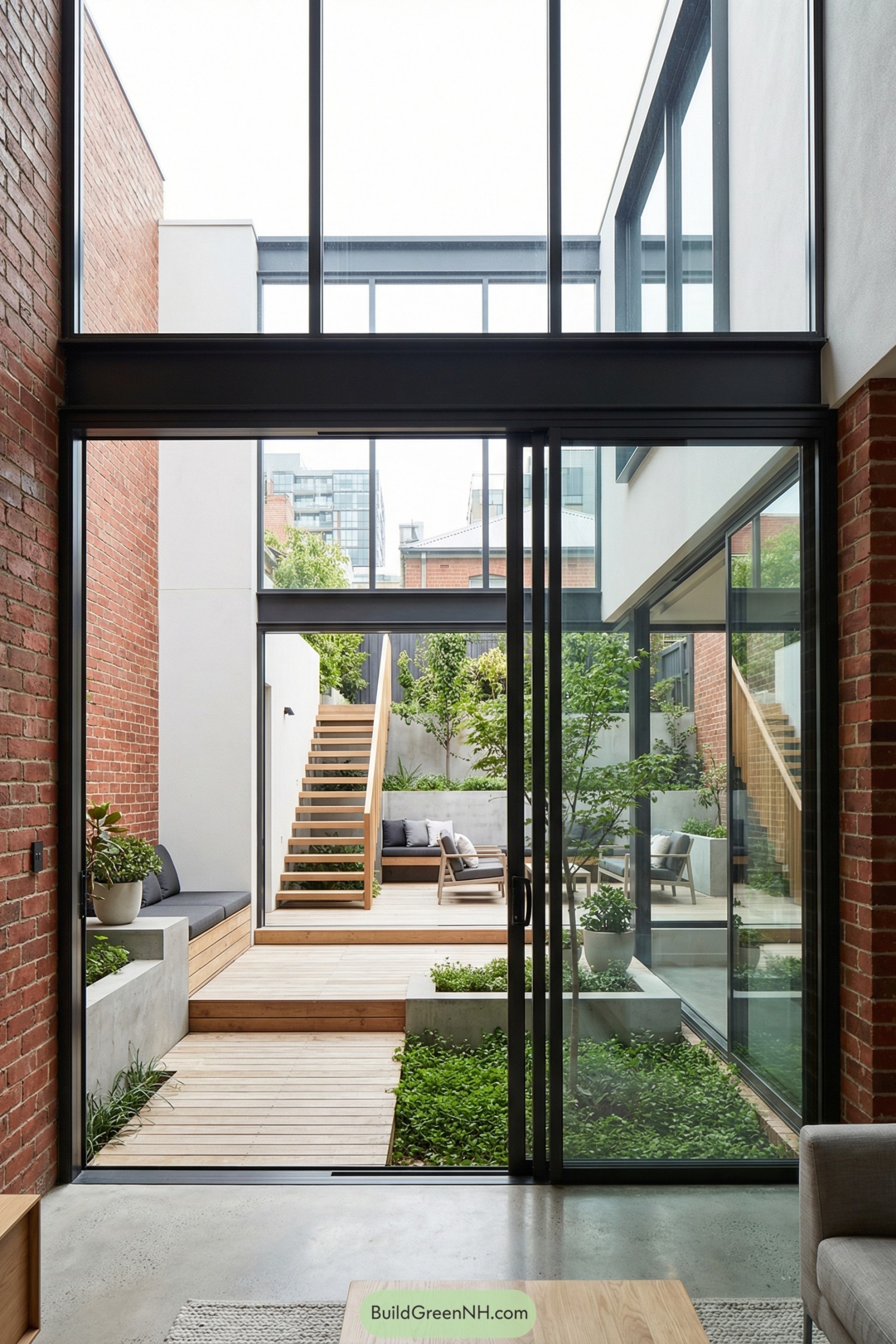 Modern inner courtyard with wood deck greenery and glass walls