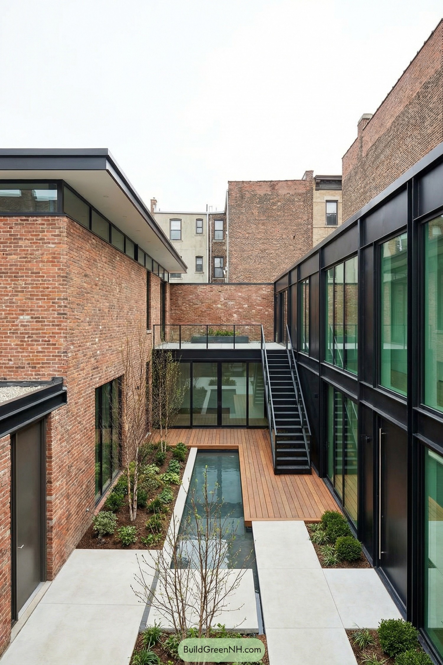Urban courtyard with brick walls, glass-lined corridors, central reflecting pool, and elevated terrace stair
