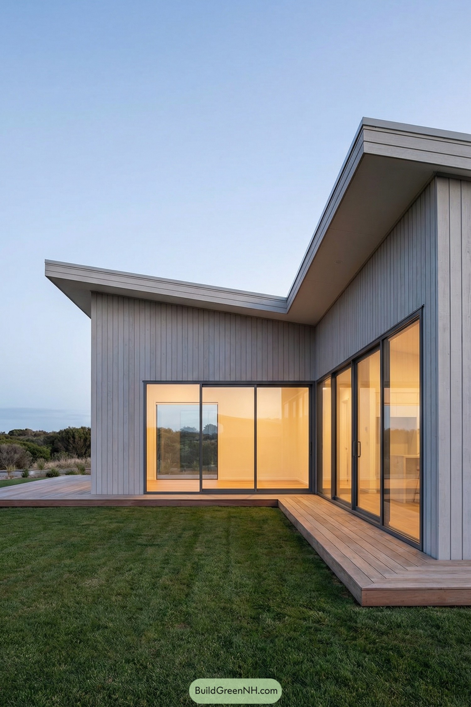 Modern L shaped house with sloped roof and glass walls opening to a grassy courtyard