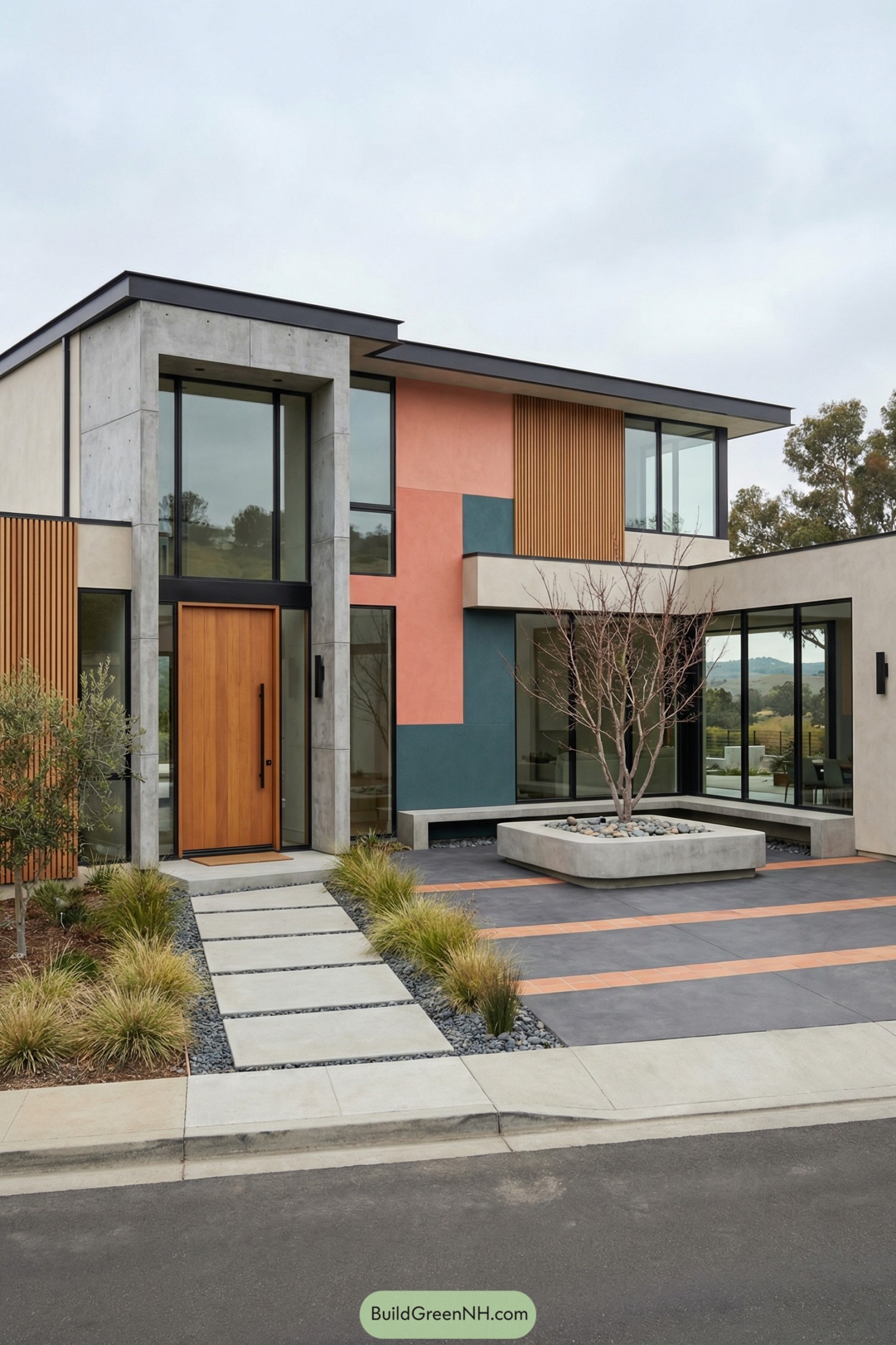 Modern two story home with inner courtyard featuring a central planter tree and bold colorblock facade