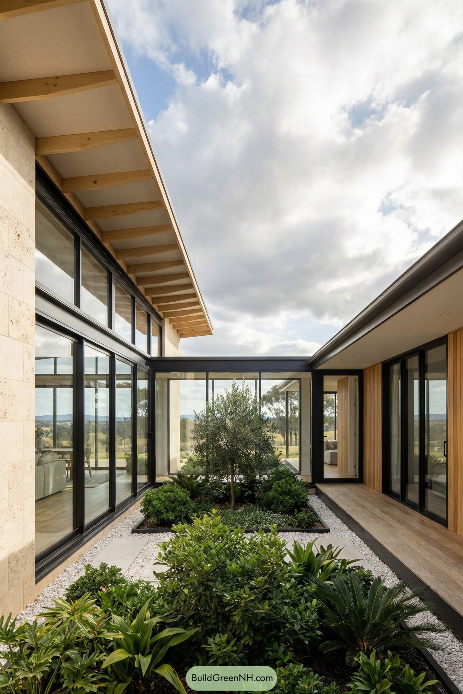 Modern courtyard with lush greenery framed by glass walls and timber-clad walkways