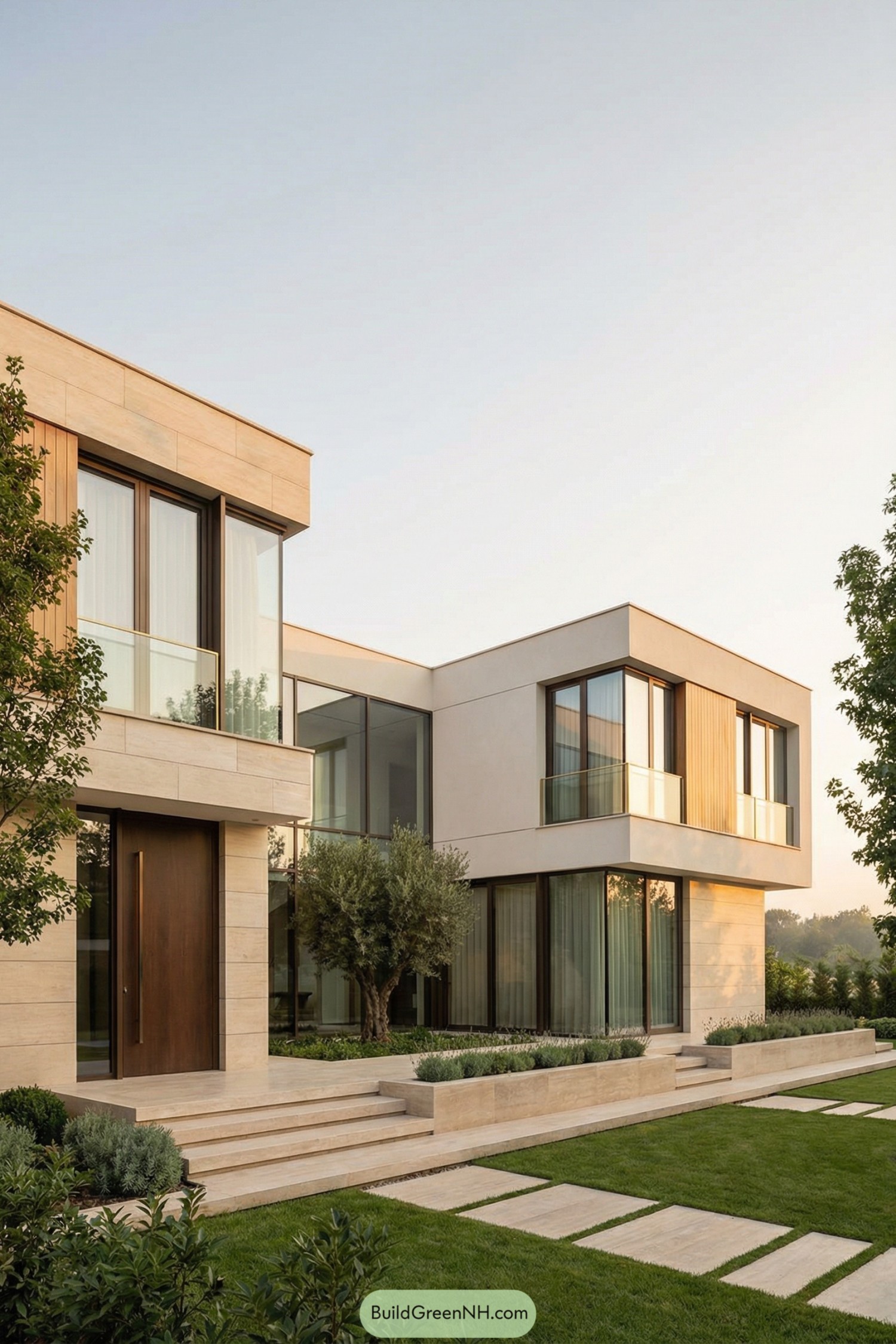 Modern two story courtyard house with light stone cladding large glass panels and landscaped lawn