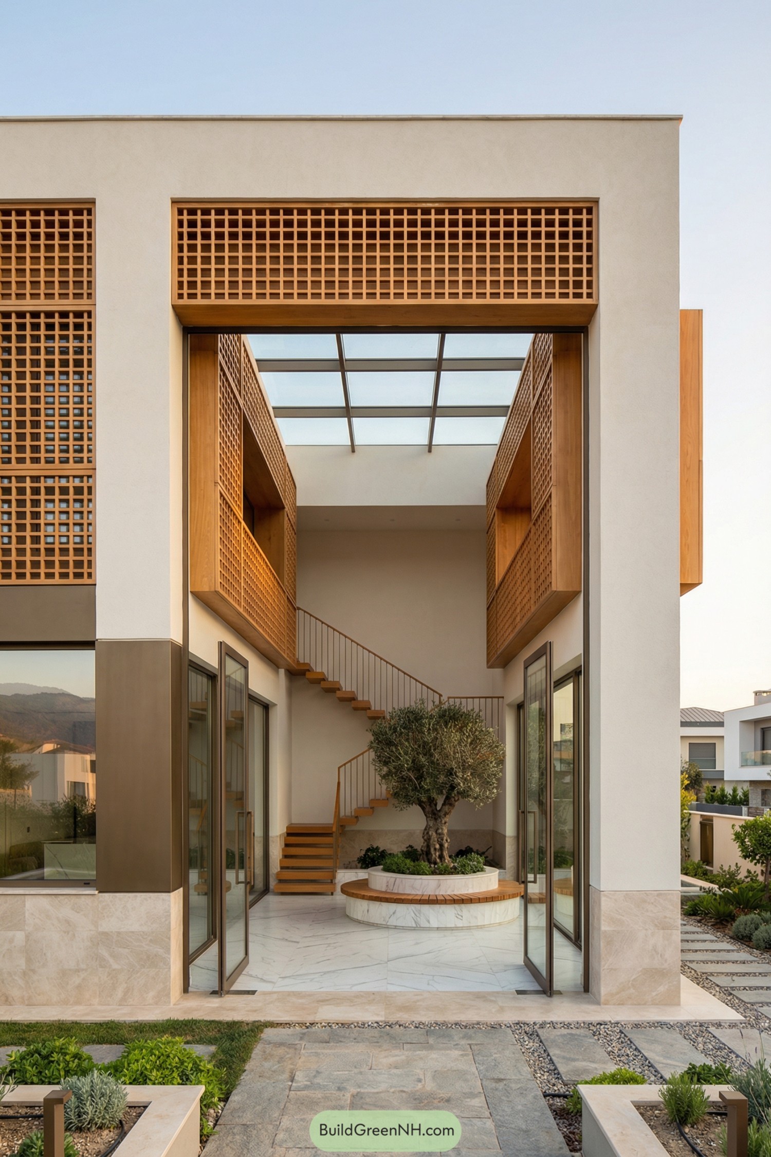 Modern two story courtyard home with glazed roof and central olive tree planter