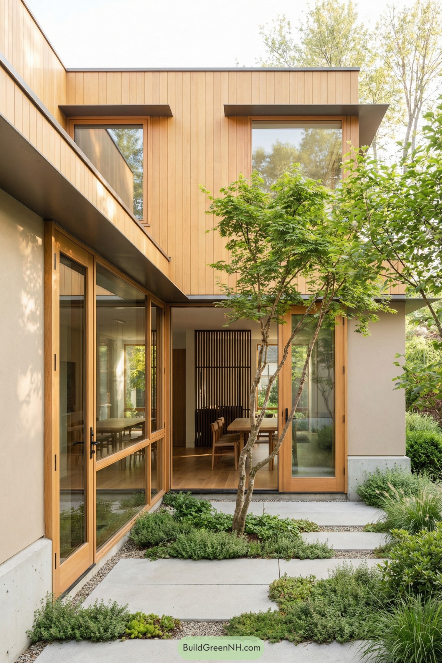 Warm wood clad courtyard with large glass doors and lush planting beds