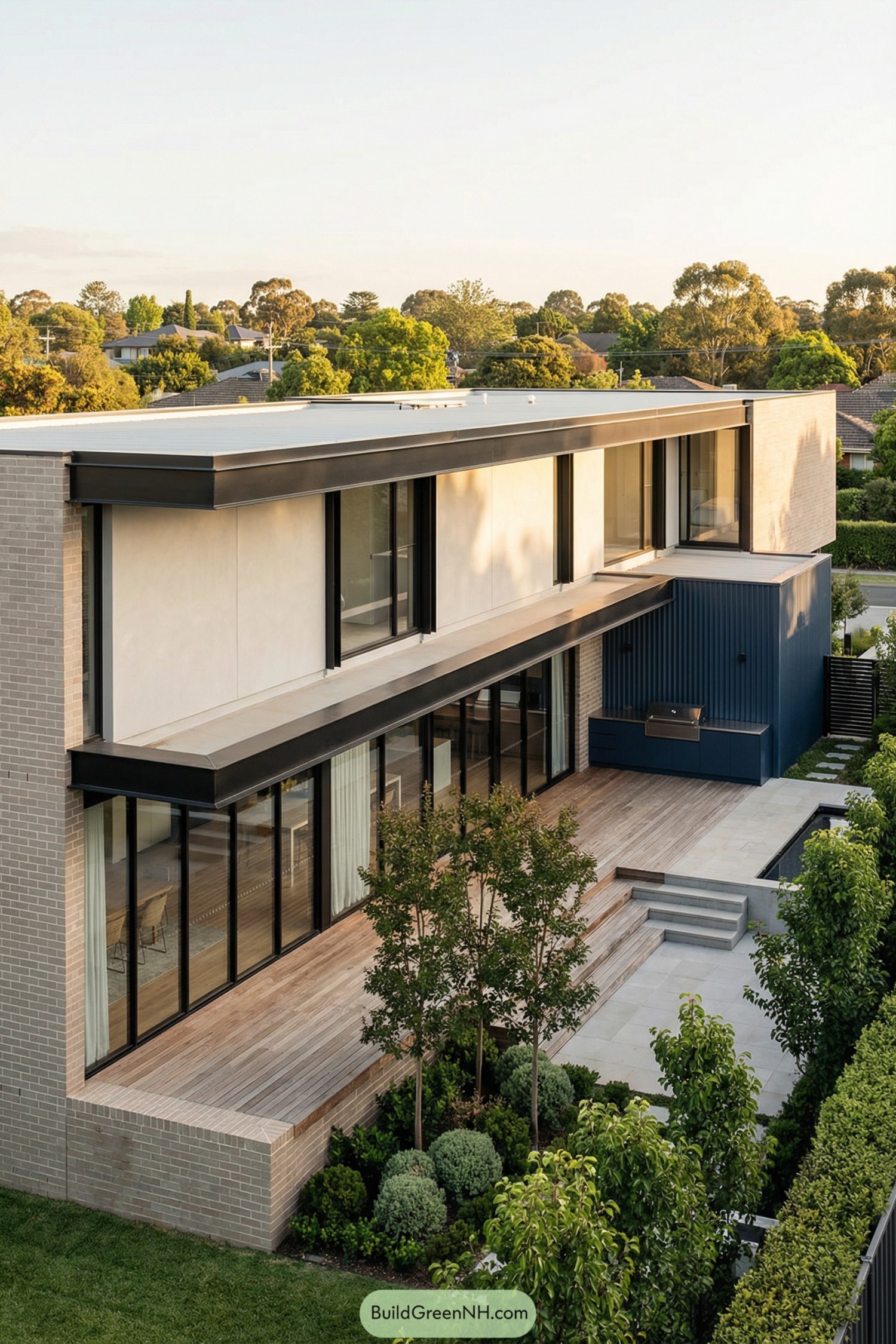 Two-story modern home opening onto a landscaped courtyard with timber decking and large sliding glass doors