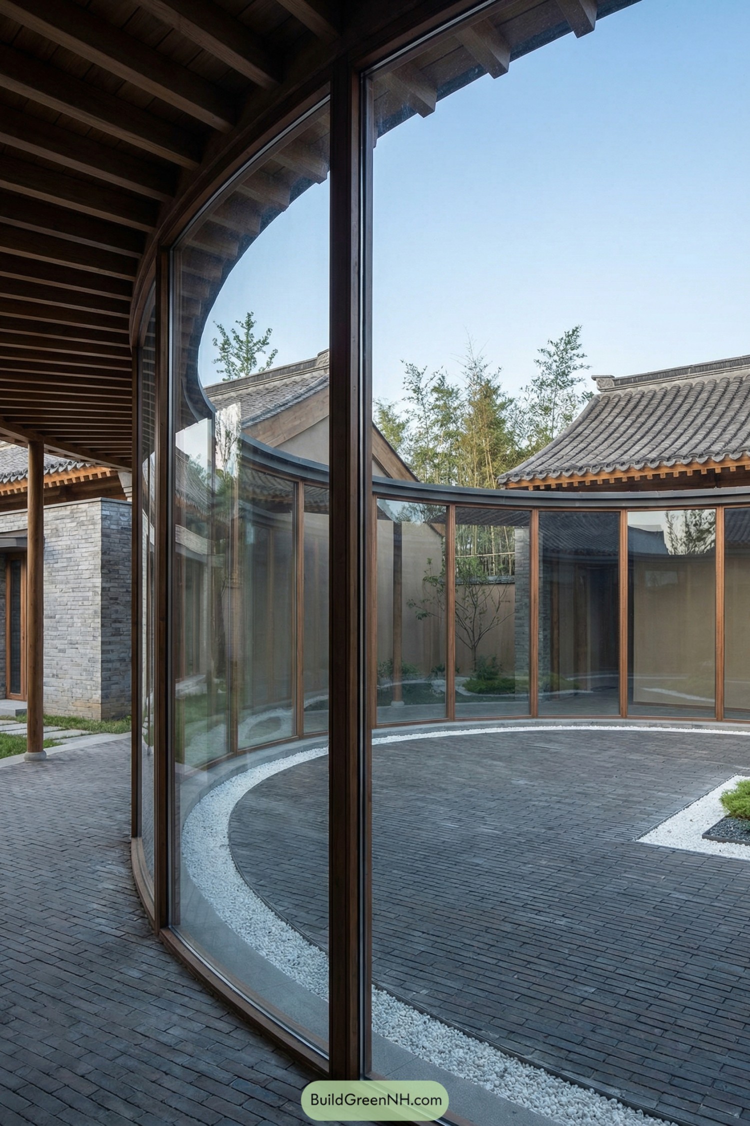 Curved glass corridor framing a circular brick courtyard between traditional tiled-roof buildings