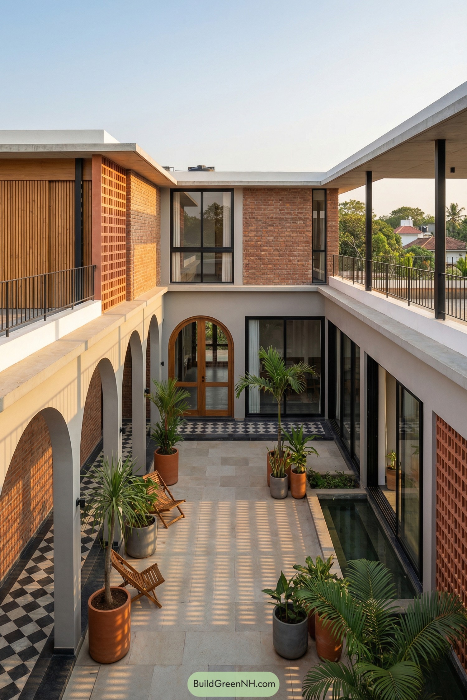 Two-story brick courtyard house with arches, potted greenery, and a narrow reflecting pool