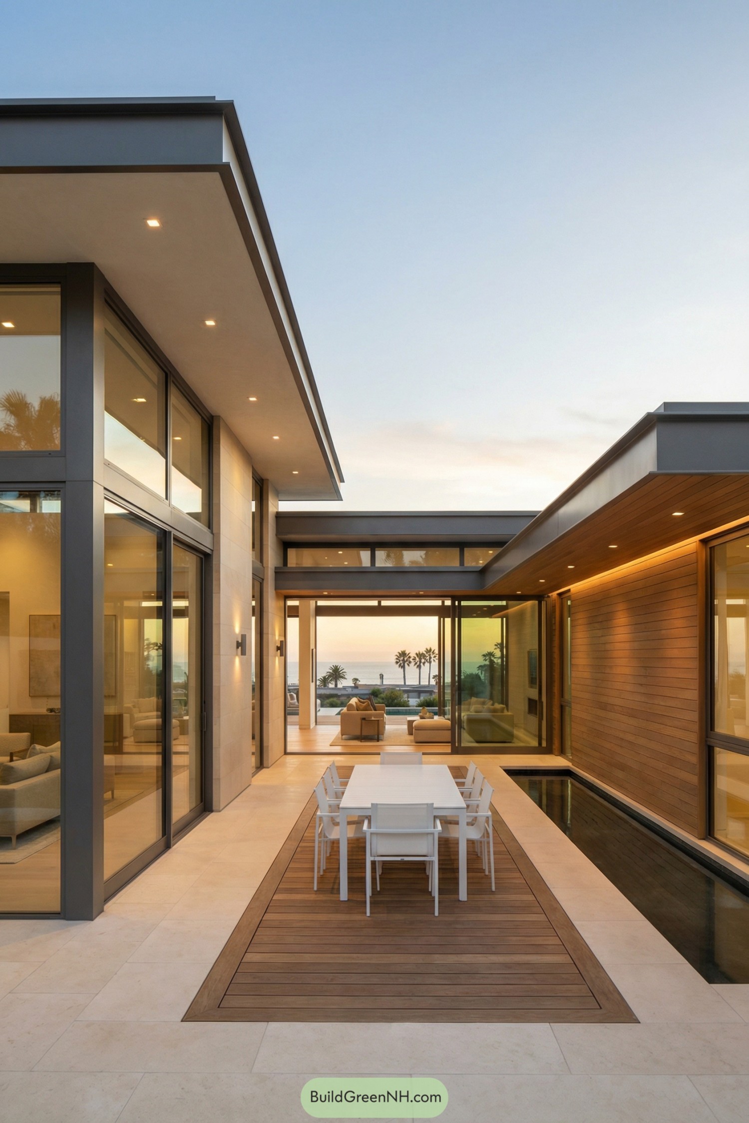 Modern open courtyard with dining area and narrow reflecting pool facing the ocean
