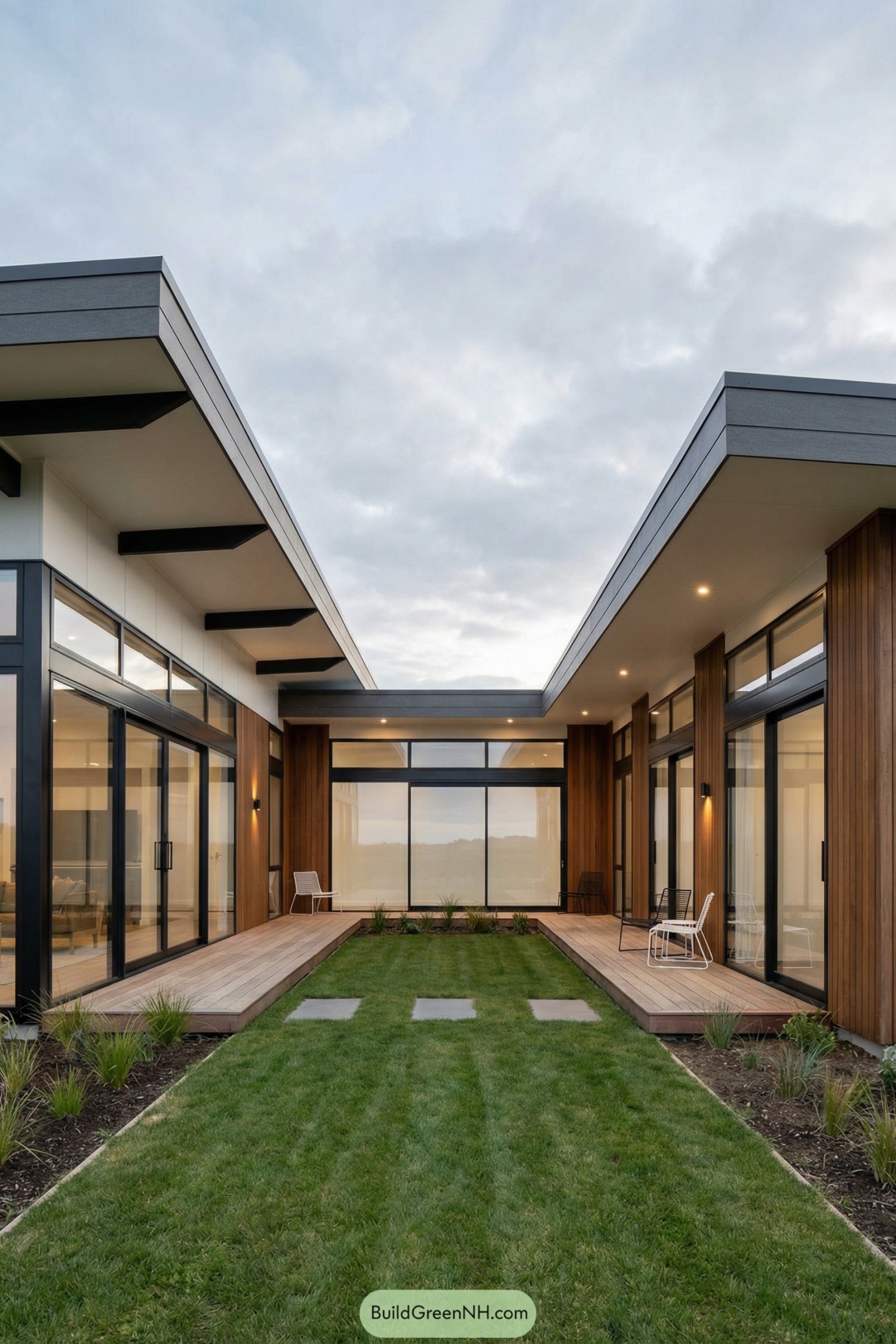 Modern single-story home with U-shaped glass-lined courtyard and central lawn