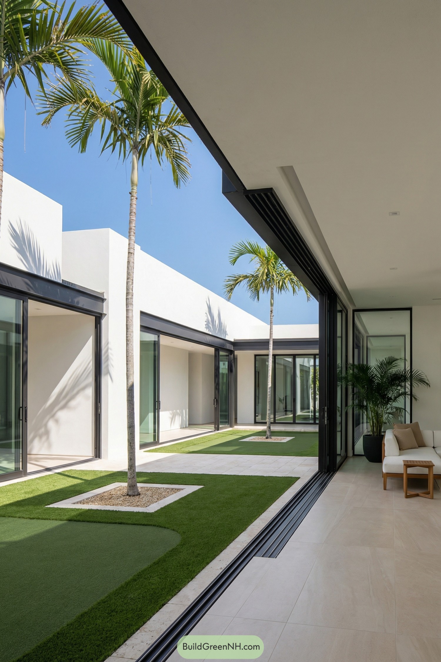Open courtyard with palm trees and sliding glass walls