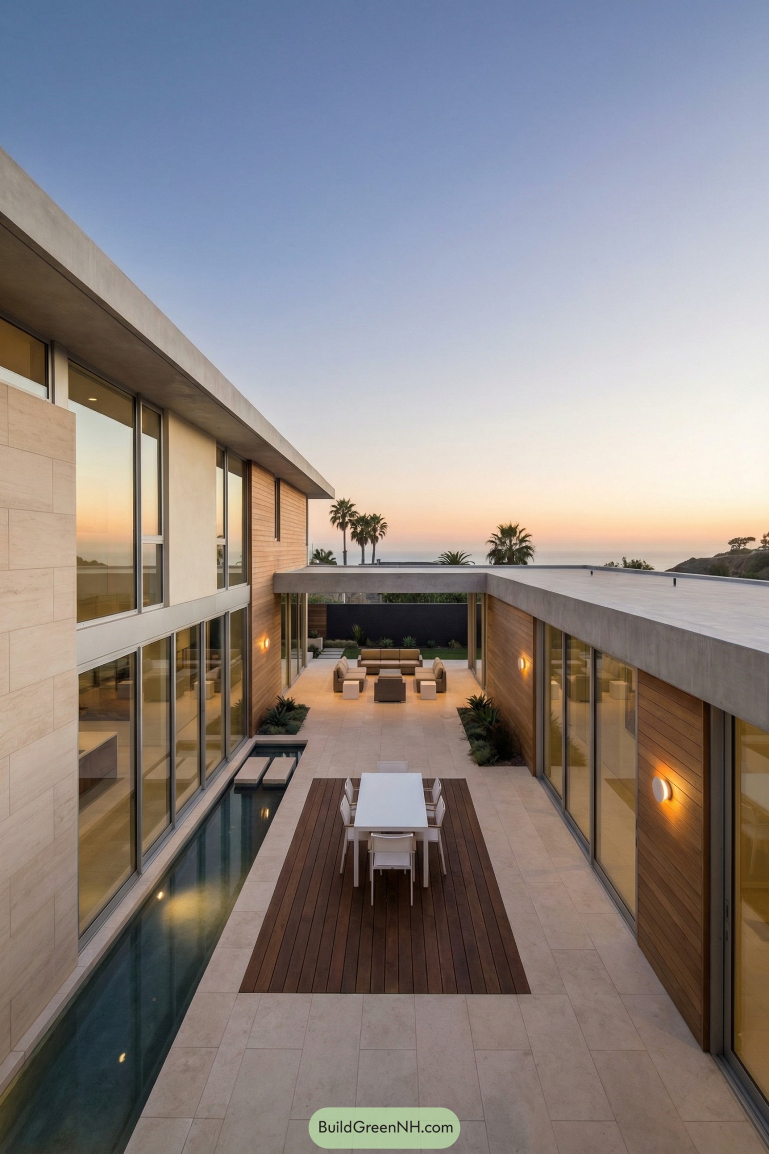 Modern courtyard patio with dining area and lounge framed by glass walls and ocean views