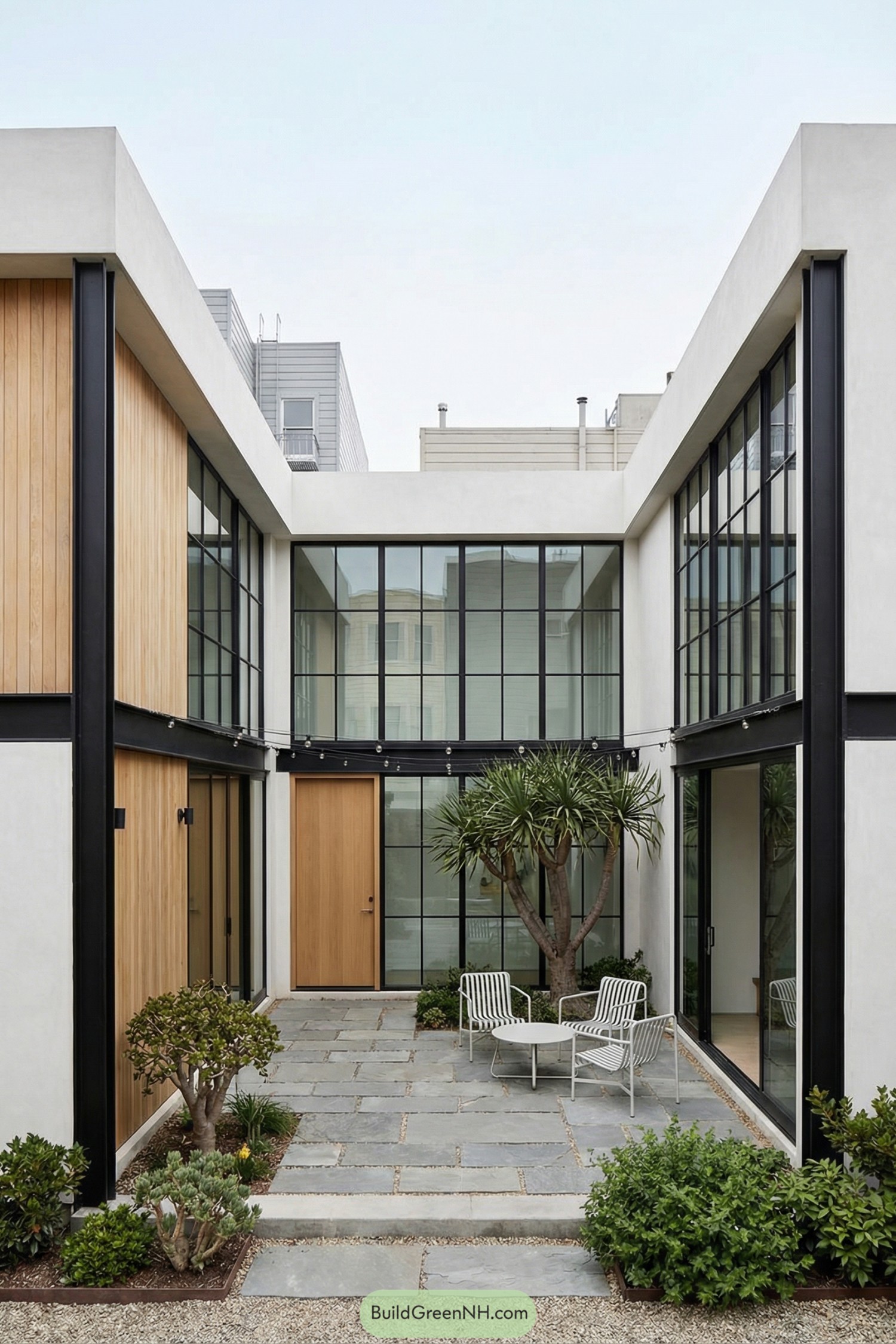 Modern courtyard with stone patio and glass-fronted rooms