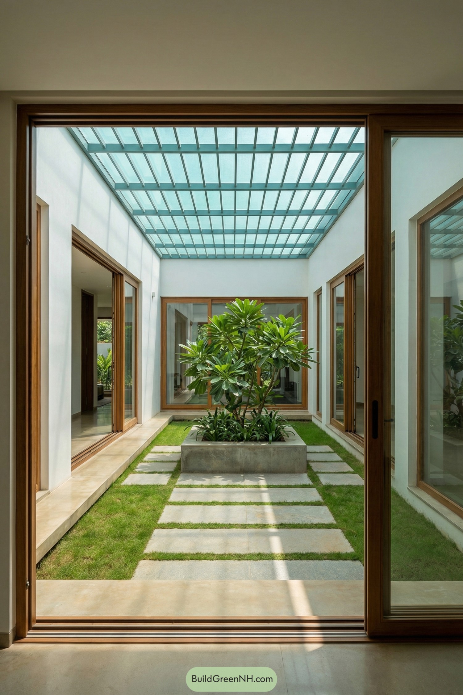 Interior courtyard with glass roof framing central tree