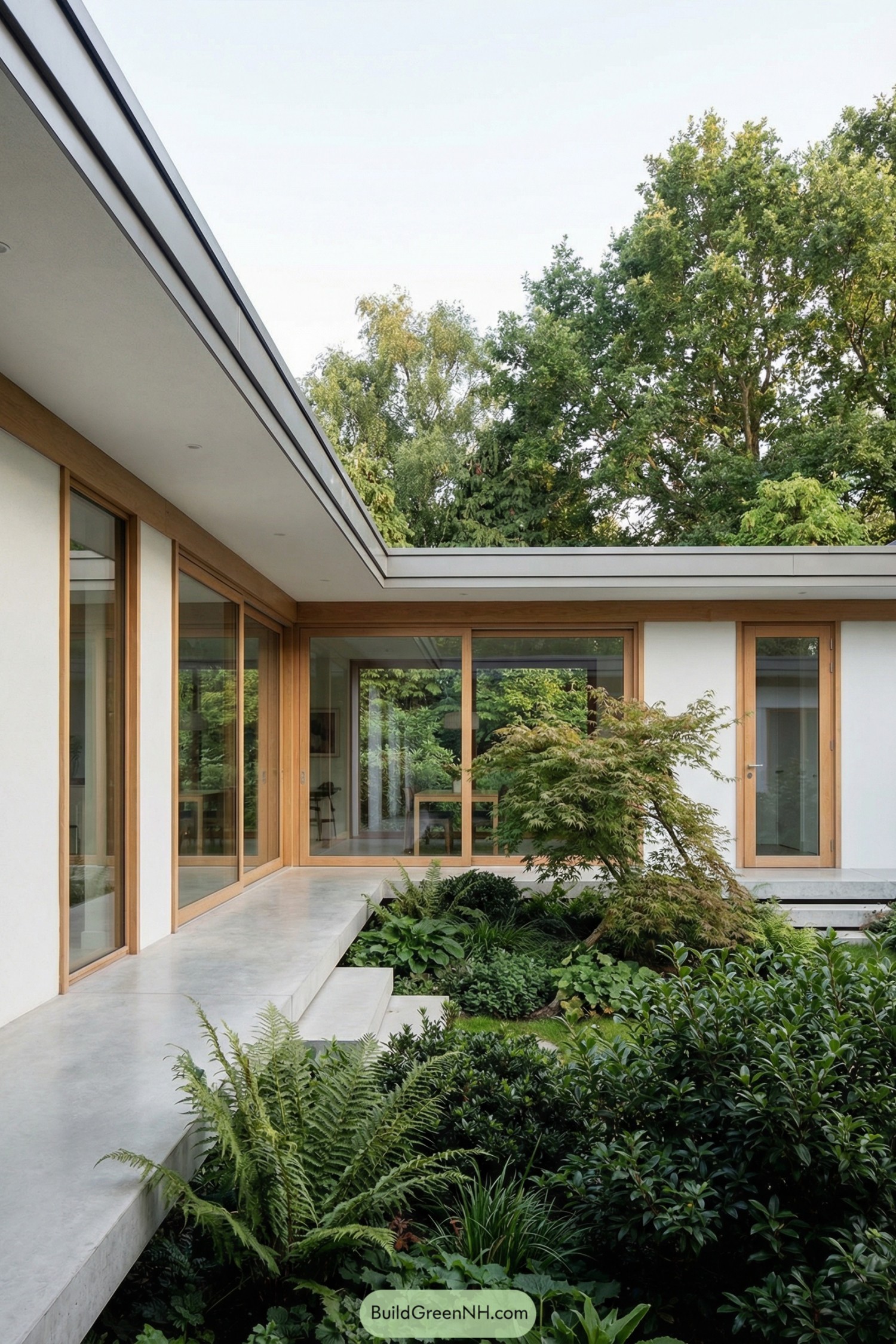 high-res photo of house with inner courtyard, modernist minimalist facade with clean horizontal lines and continuous glass walls facing the courtyard, white smooth plaster and warm natural wood framing accentuating the openings, single‑storey L‑shaped structure wrapping around a central planted courtyard, flat roof with thin dark metal trim and concealed gutters, large floor‑to‑ceiling fixed and sliding glass panels in slim wood frames, simple flush wood doors with full‑height glazing and minimal hardware, polished concrete terrace running along the courtyard edges and connecting living and dining zones, narrow concrete paths and low steps leading around the inner garden, dense courtyard landscaping with tall shrubs, groundcovers, ferns and a small multi‑stem tree leaning inward, lush surrounding environment with mature trees and layered greenery just beyond the glass, soft natural daylight filtering through foliage creating reflections on glass and subtle shadows on the concrete floor, calm secluded setting emphasizing transparency between interior and courtyard garden, real-life photo, high-resolution, architectural photography, soft lighting, cinematic composition.