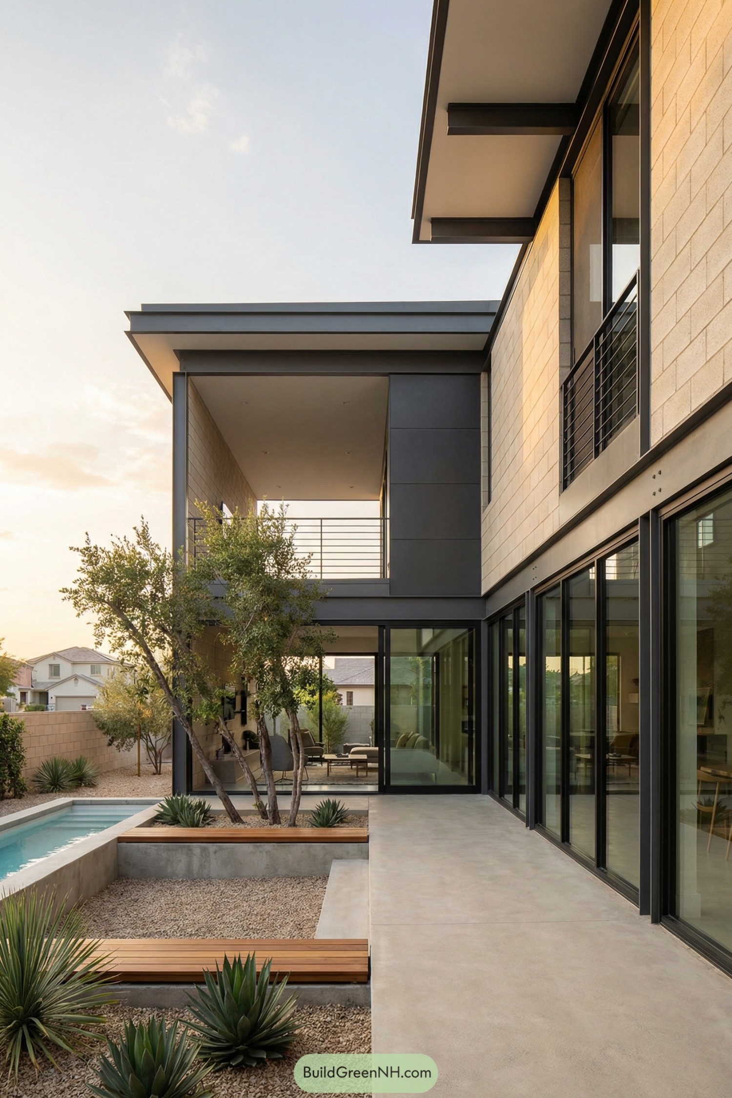Modern two-story home with glass-lined courtyard and narrow pool