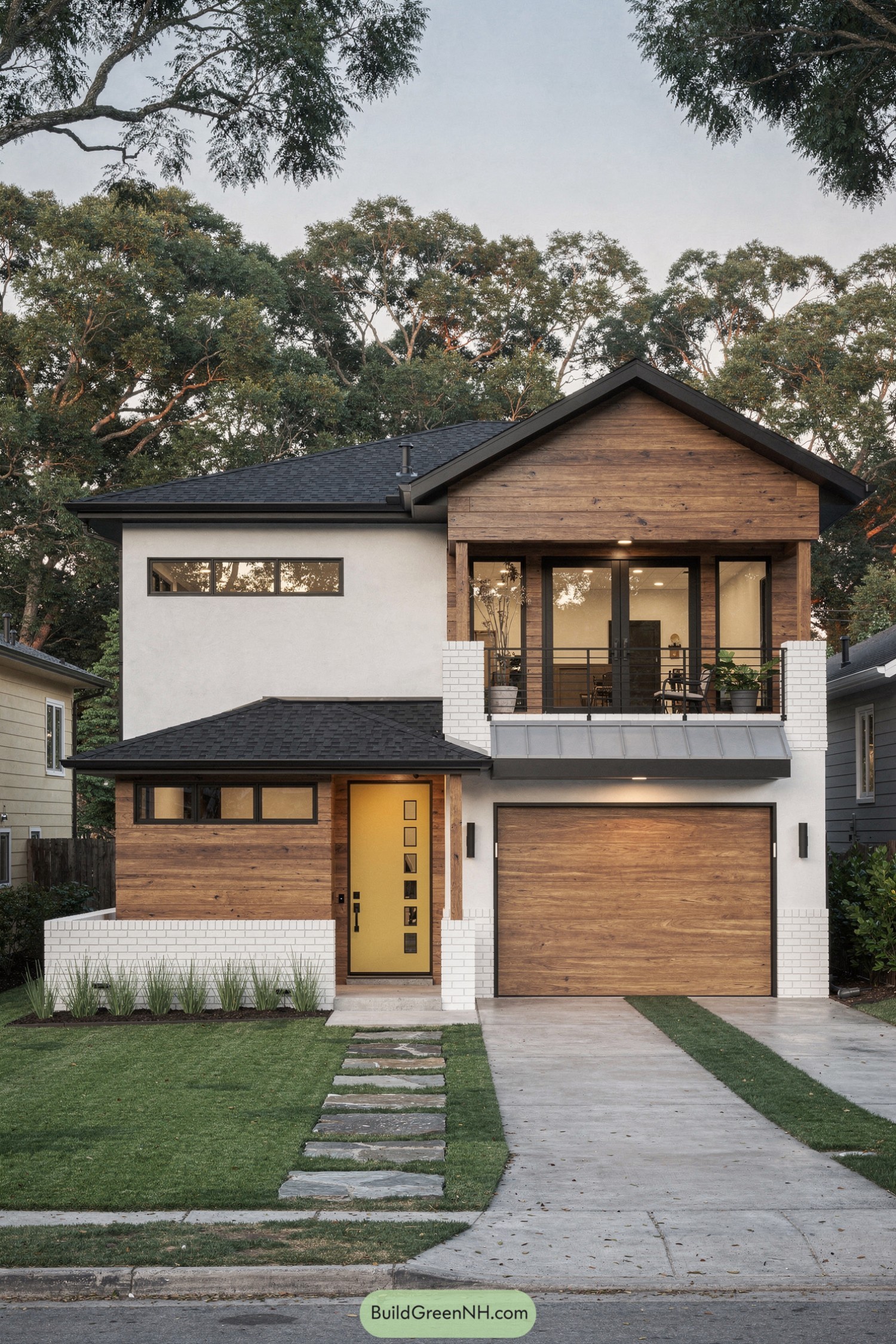 Two-story modern home with mixed wood, stucco, and brick siding and a bright yellow front door