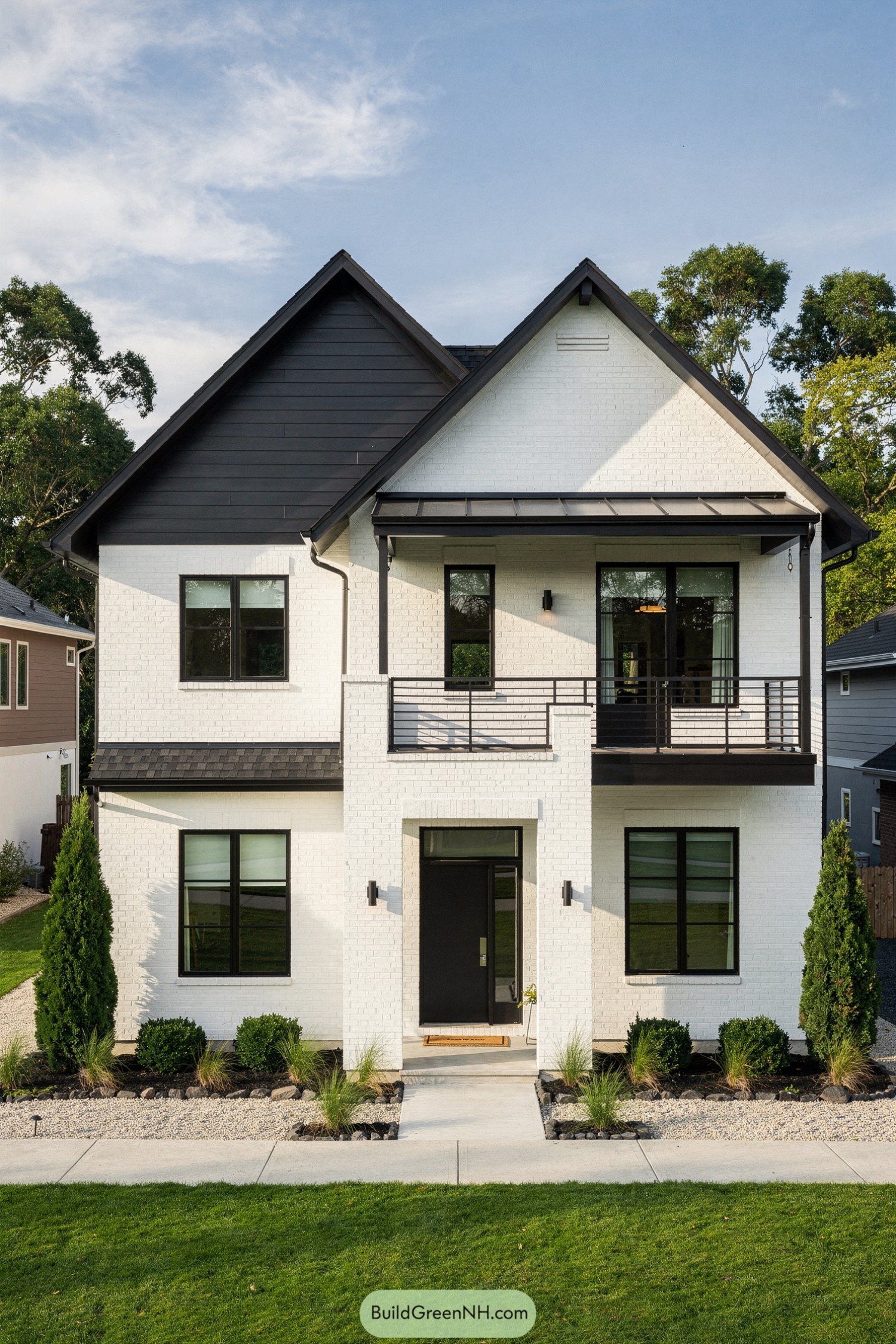 Two-story white brick house with black trim and balcony
