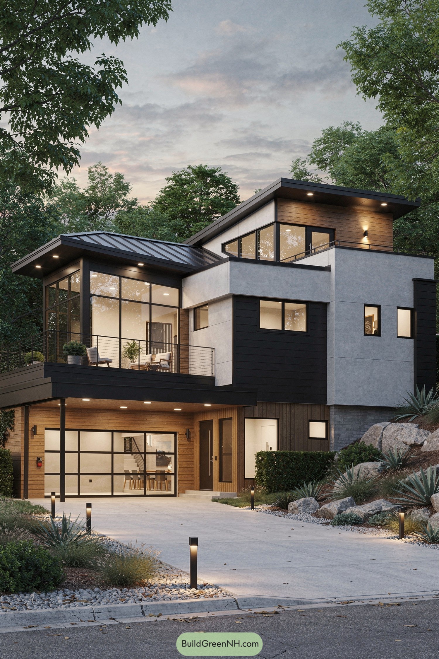 Modern three-level house with mixed siding and large windows