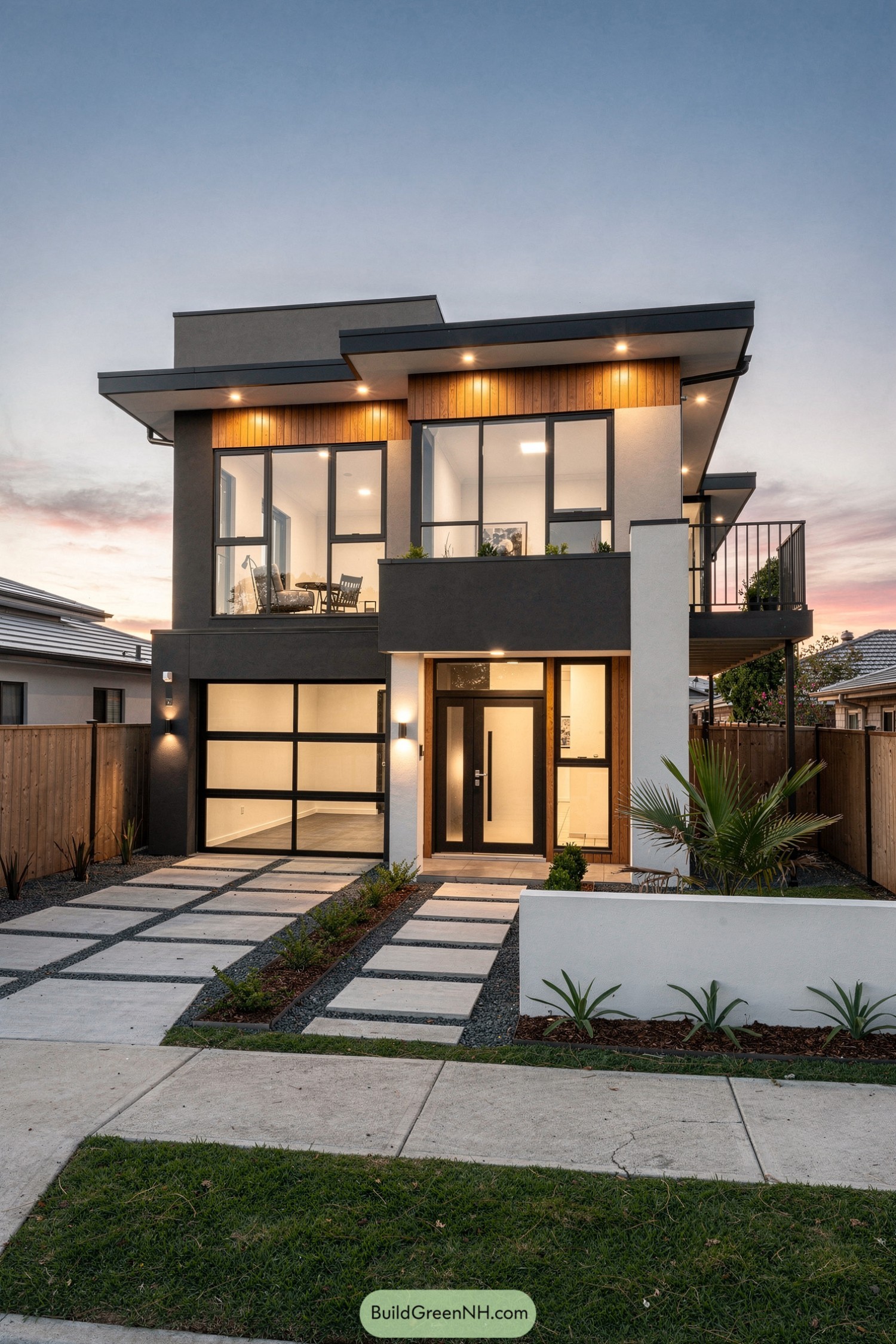 Two-story modern house with flat roofs, large windows, and mixed wood and stucco siding at dusk