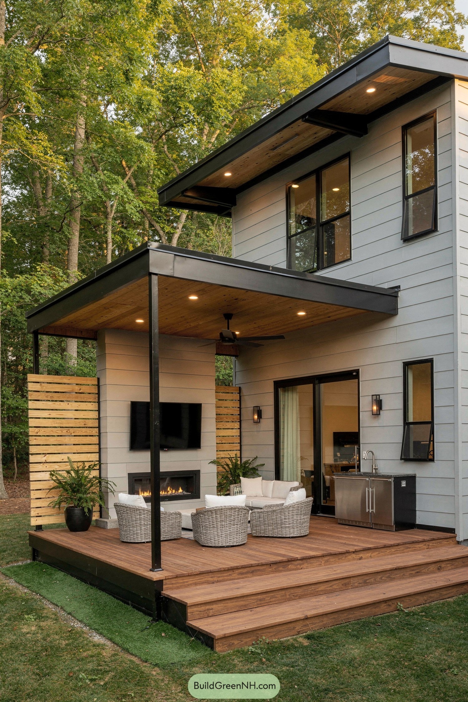 Two-story modern home with gray siding and covered wood deck featuring fireplace and seating