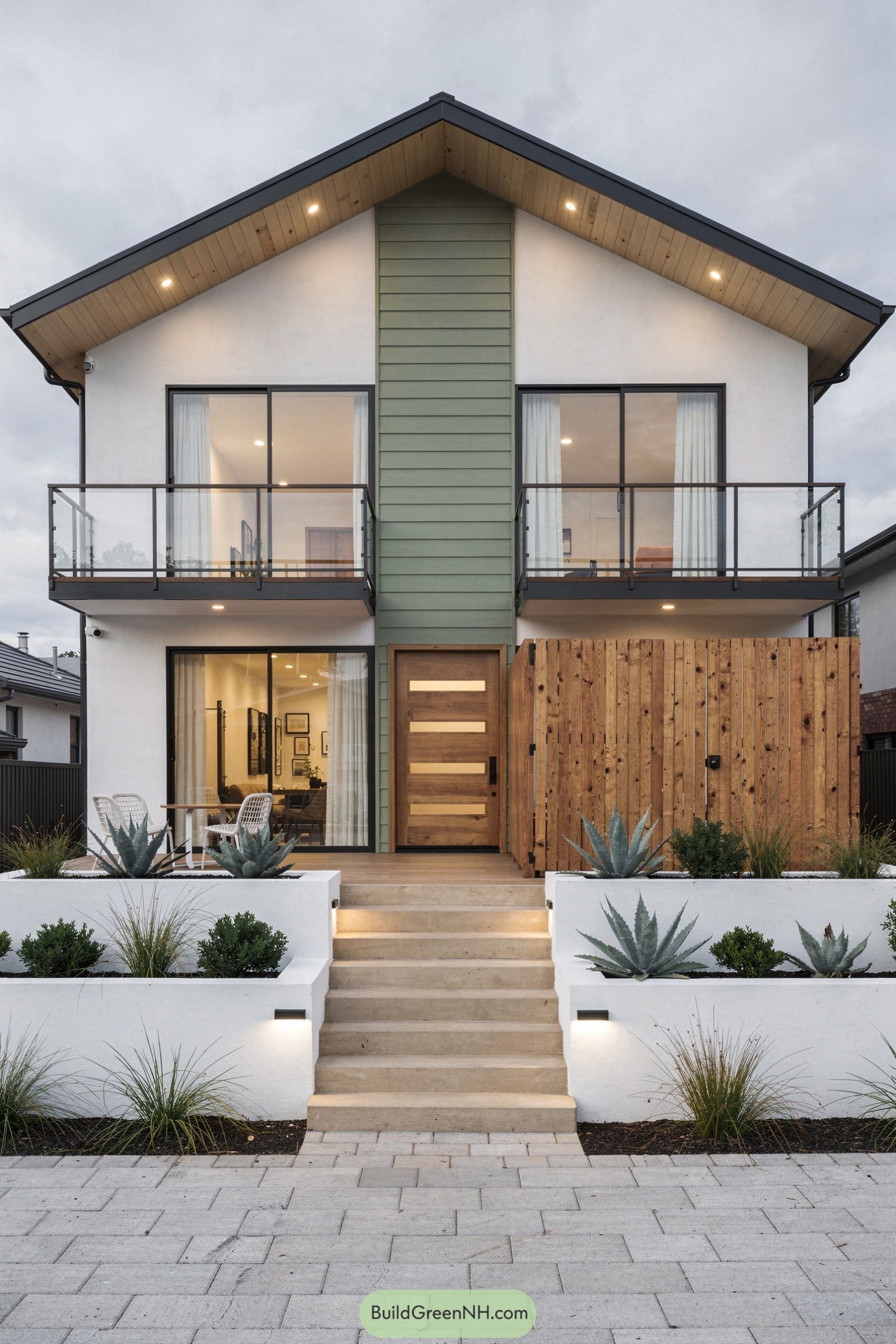 Modern two-story home with sage siding and balconies