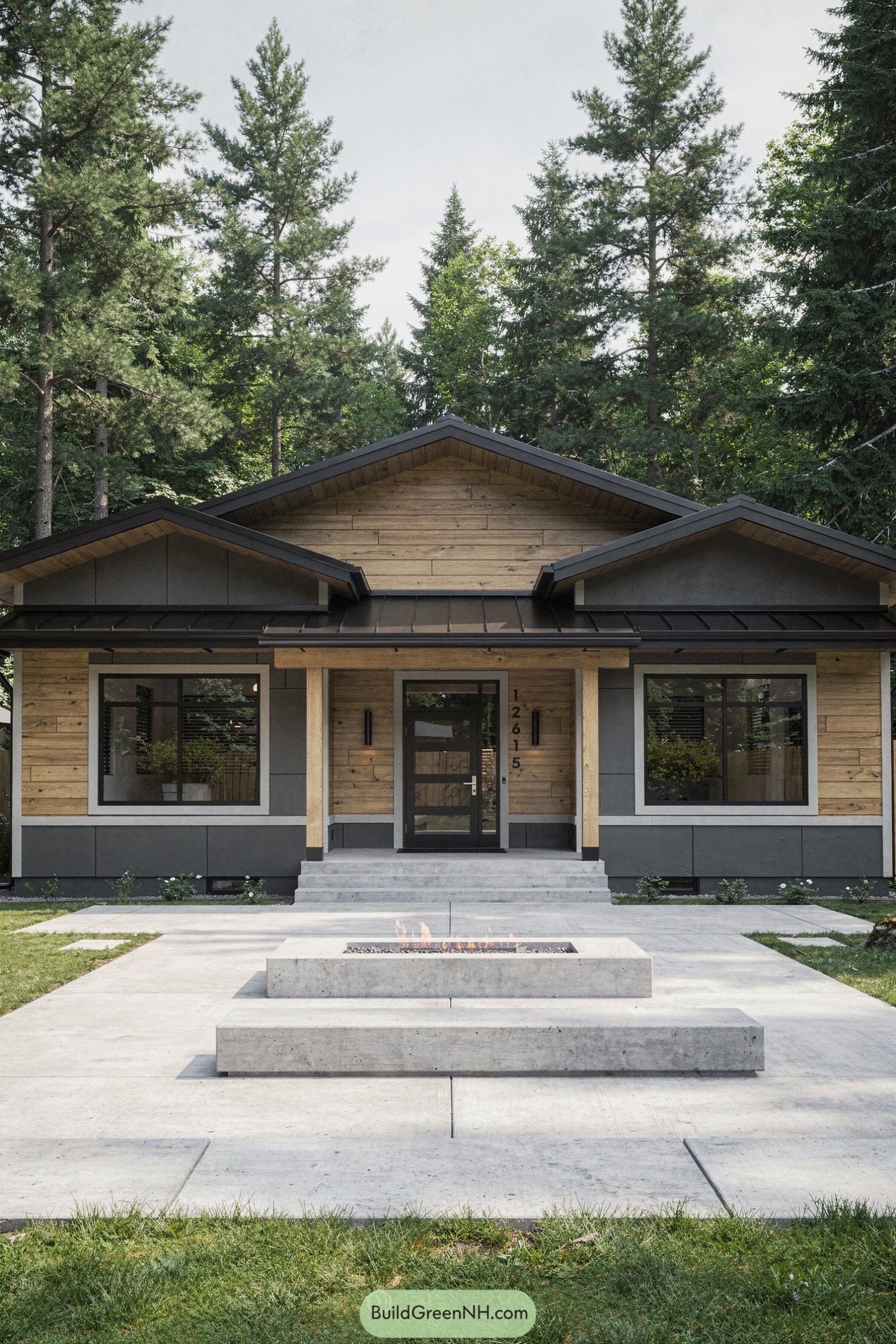 Modern single-story house with wood and dark panel siding, central fire feature, and concrete entry path framed by tall evergreens
