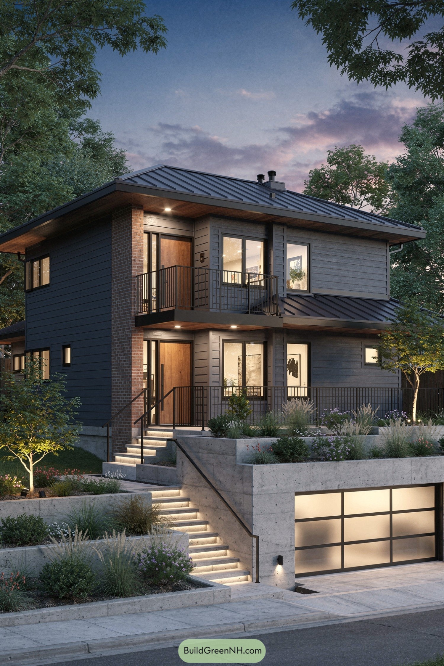 high-res photo of house with Modern Siding, facade: mid-century modern-inspired split-level, linear composition, clean eaves, minimal trim; materials: horizontal lap siding, board-formed concrete base walls, brick accent column, metal railings; colors: deep slate-blue siding, warm red-brown brick, charcoal concrete, black metal, cedar-toned soffits; windows style: large rectangular aluminum-clad casements and fixed panes with black mullions, varied sizes, warm interior glow; roof style: low-slung gable with deep overhangs, dark standing-seam metal; door style: recessed entry with full-height wood slab door and sidelights, black hardware; outdoor area: illuminated concrete stair with integrated step lights, slim black handrails, terraced concrete planter walls, dual modern frosted-glass garage doors beneath; landscaping: layered grasses, low shrubs, flowering perennials, neatly edged beds, small ornamental trees; surrounding background: mature deciduous trees, twilight sky; real-life photo, high-resolution, architectural photography, soft lighting, cinematic composition.