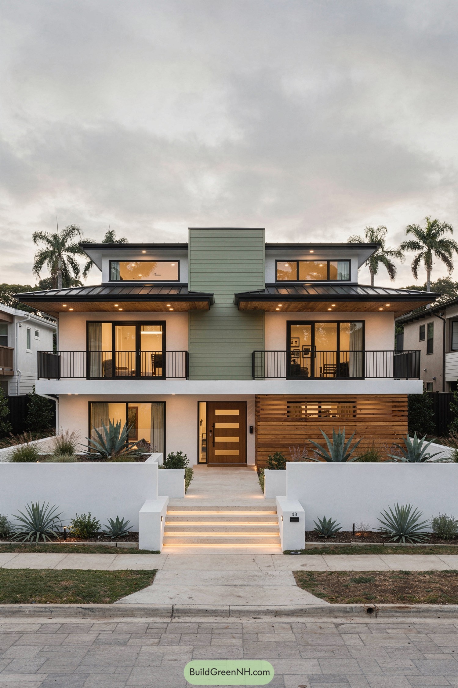 Modern three story house with mixed siding and warm exterior lighting at dusk