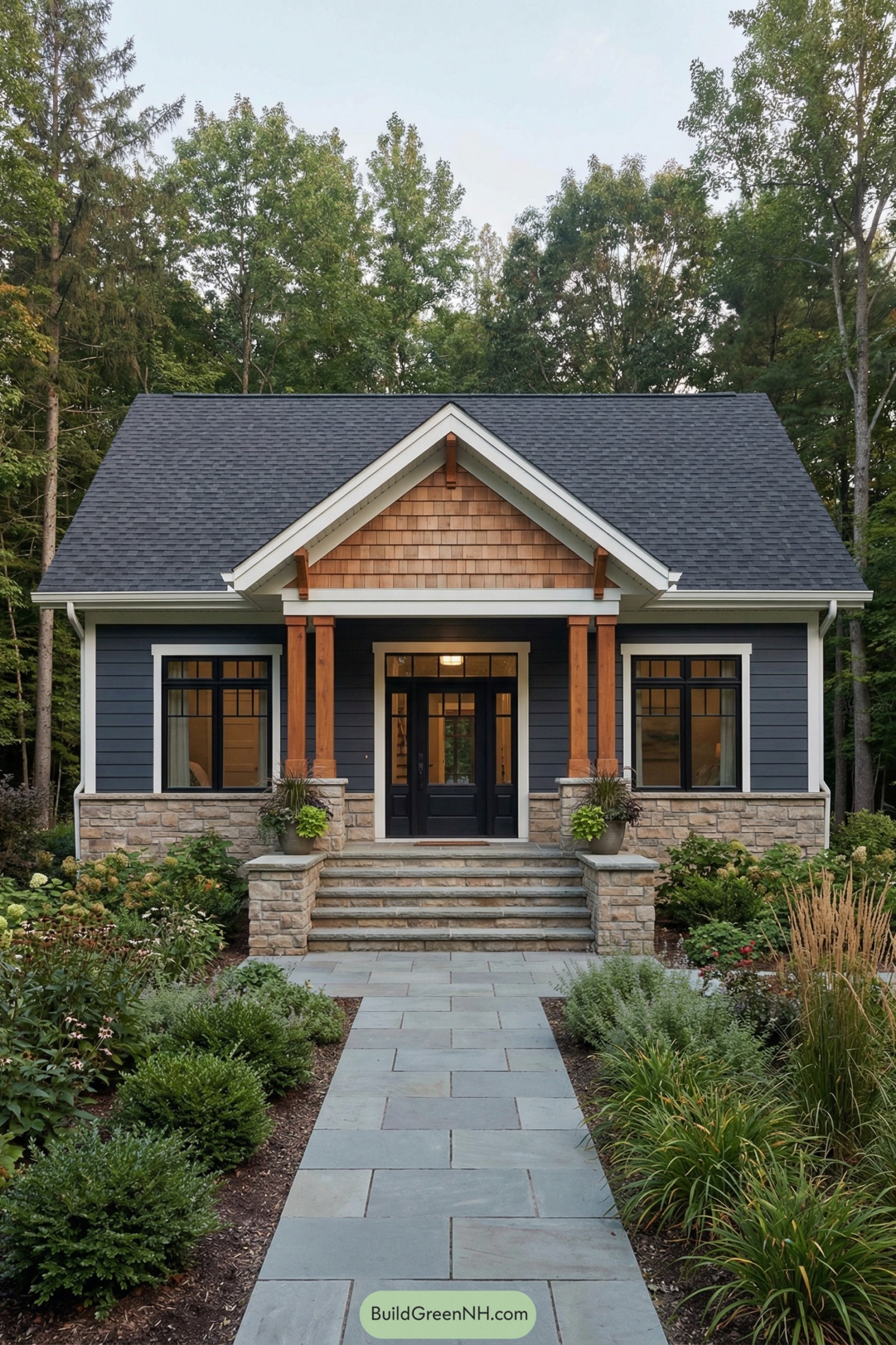 Front view of a compact house with stone steps, timber porch columns, and a centered gabled entry