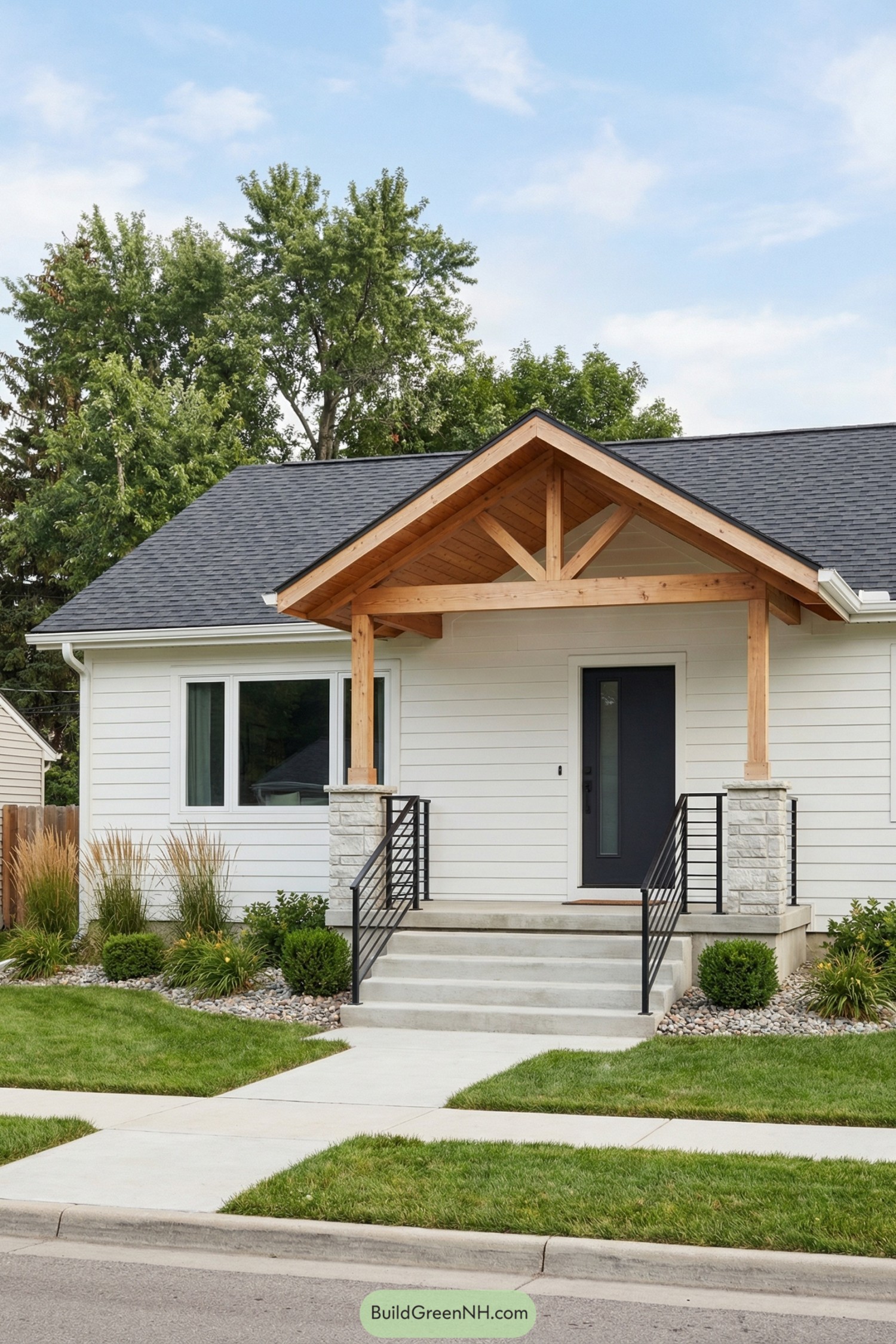 Single-story white house with a natural wood gabled porch over a central entry