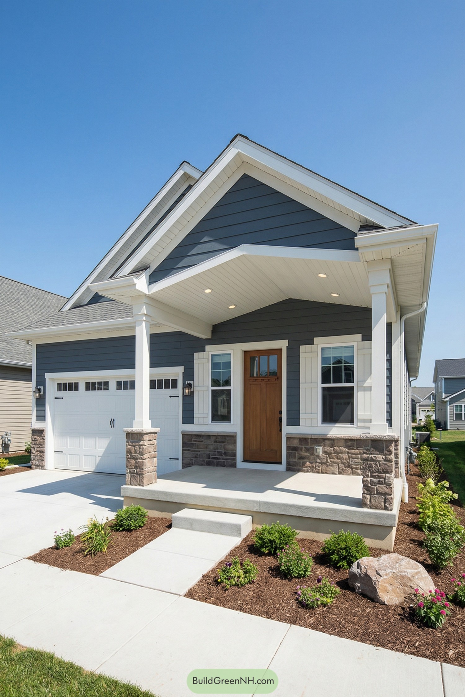 Compact blue bungalow with front gabled porch stone accents and attached garage