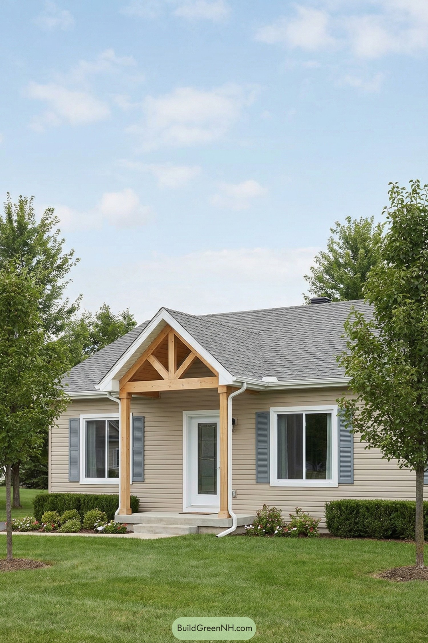 Small beige cottage with timber porch gable and neat front lawn