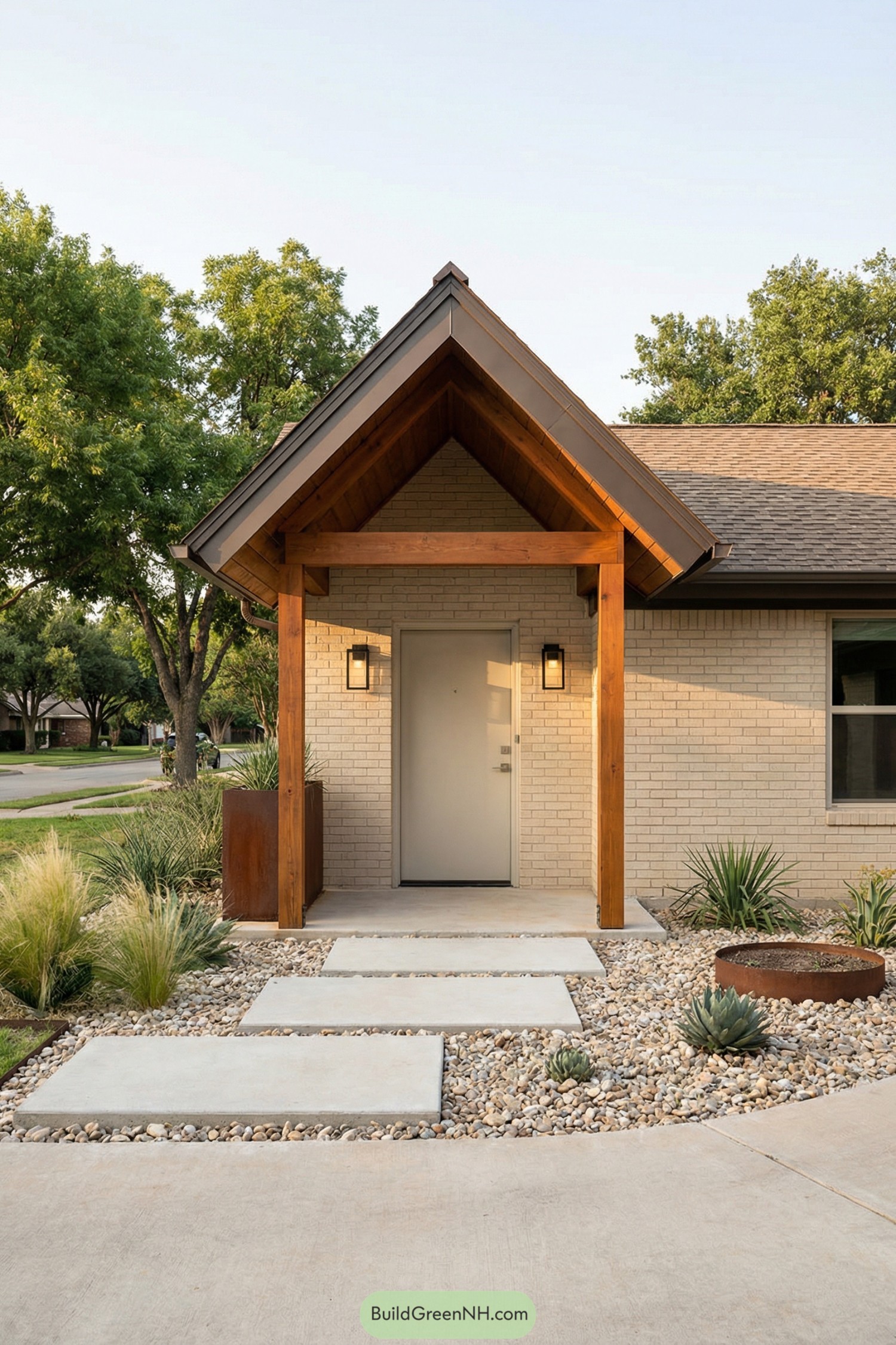 Wood gable porch with concrete path and dry landscaping