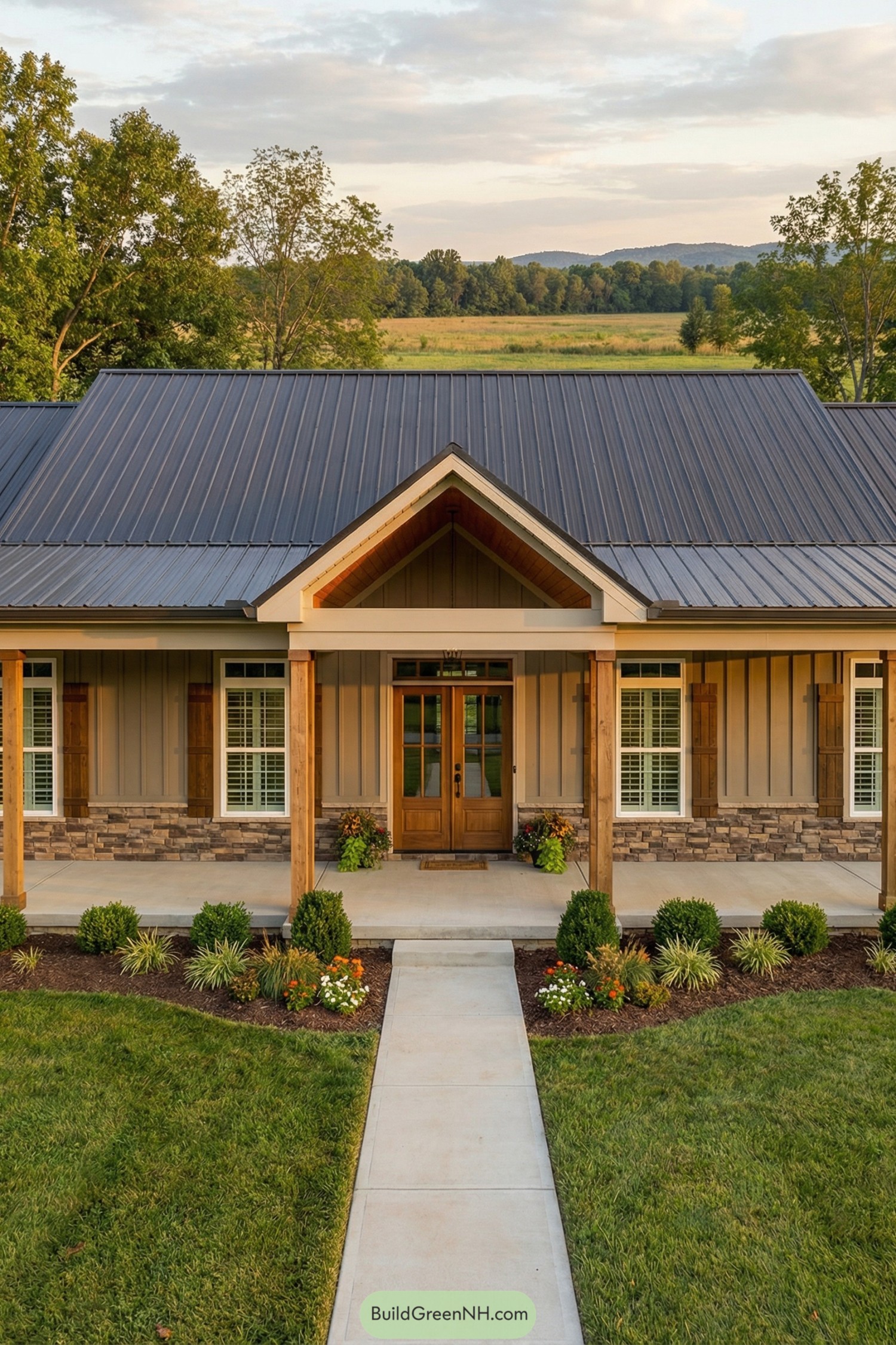 Single-story home with metal roof and central gabled porch framed by wood posts and stone accents