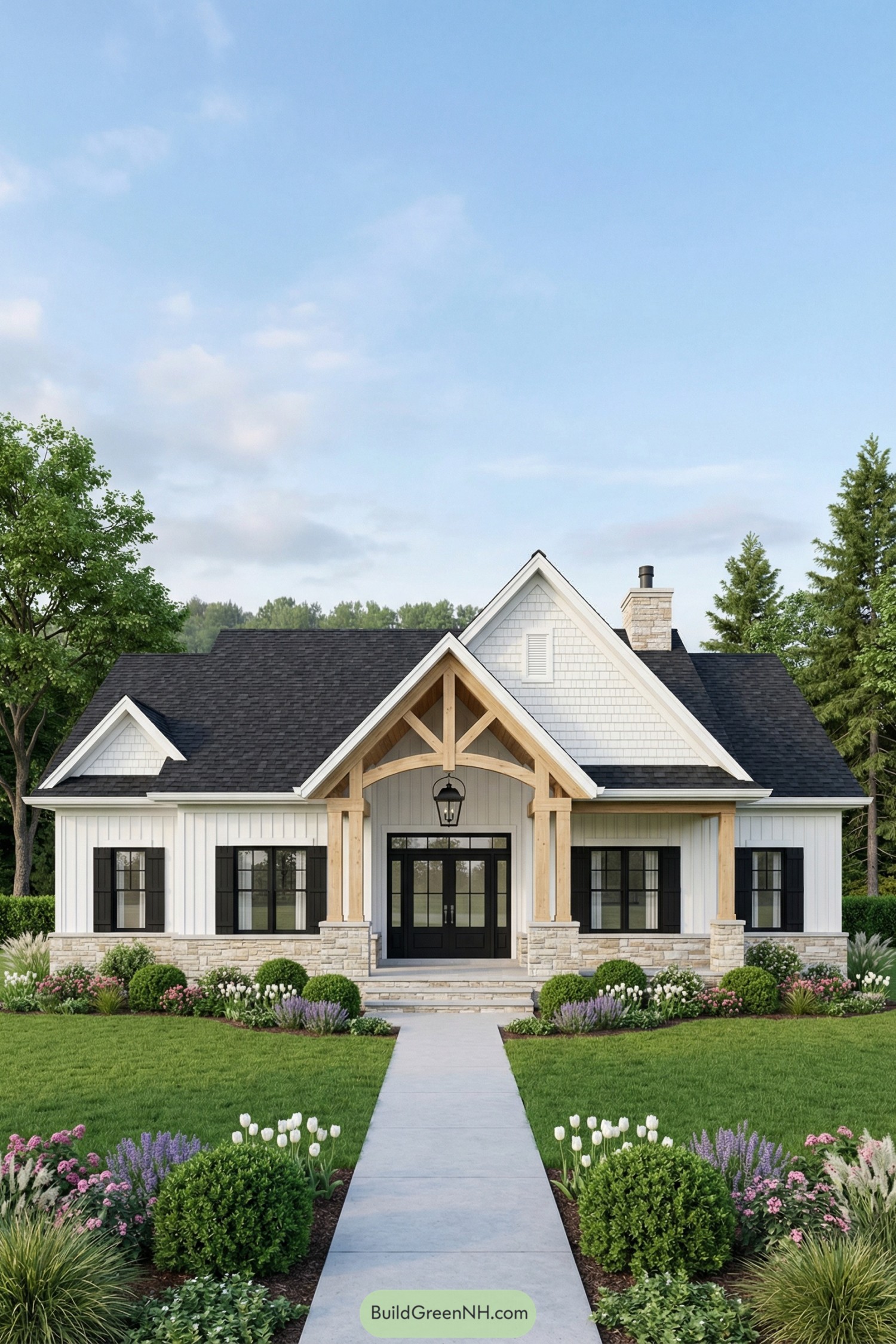 White cottage with timber porch gable and lush front garden