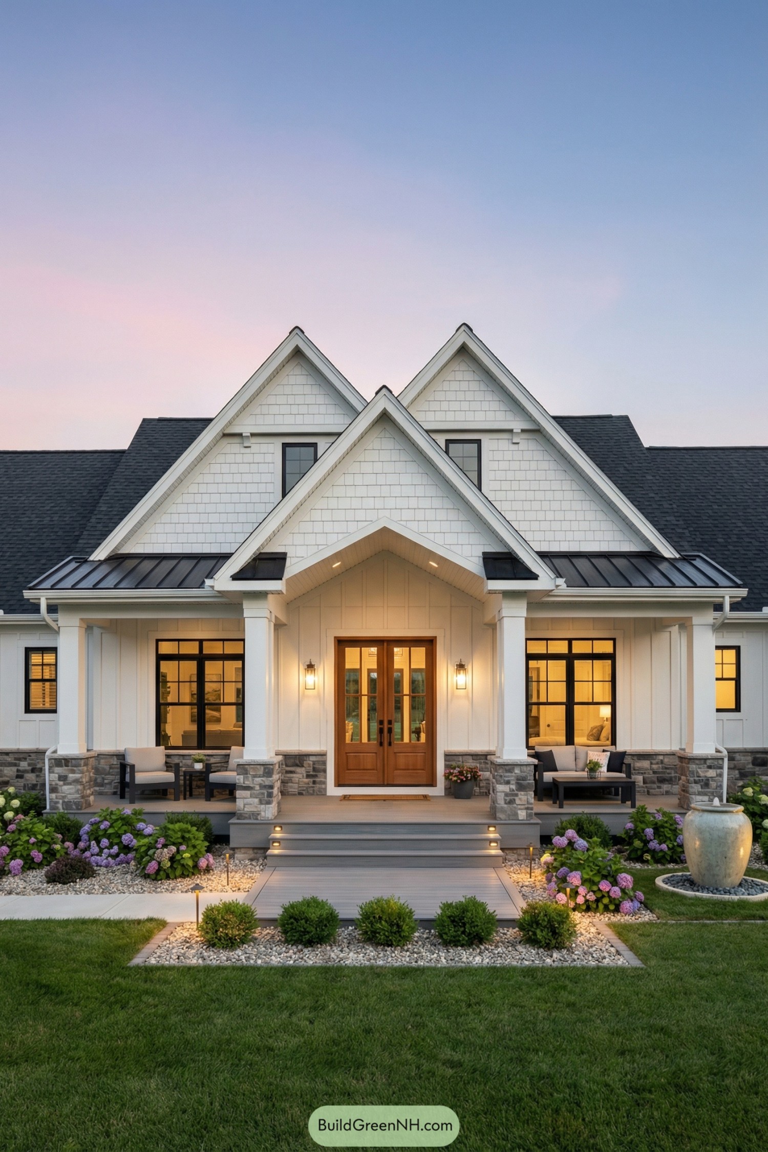 White farmhouse with triple gabled front porch at sunset
