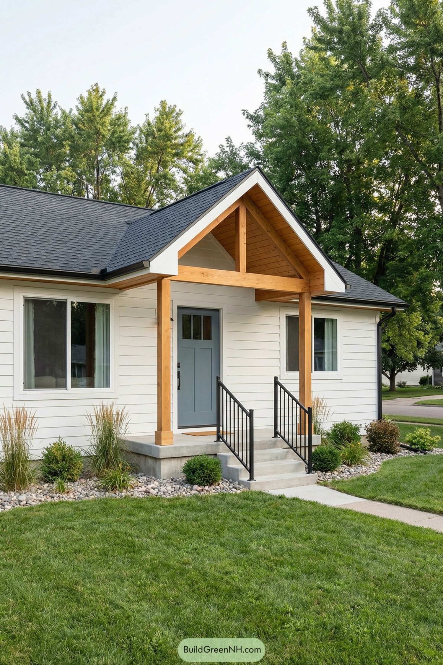 Small white house with timber porch gable