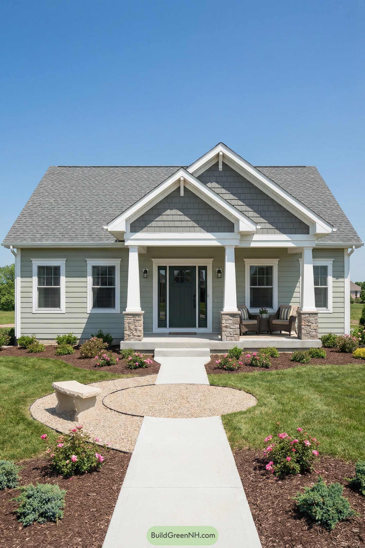 Compact Craftsman-style home with triple front gables, wide porch, and landscaped entry path
