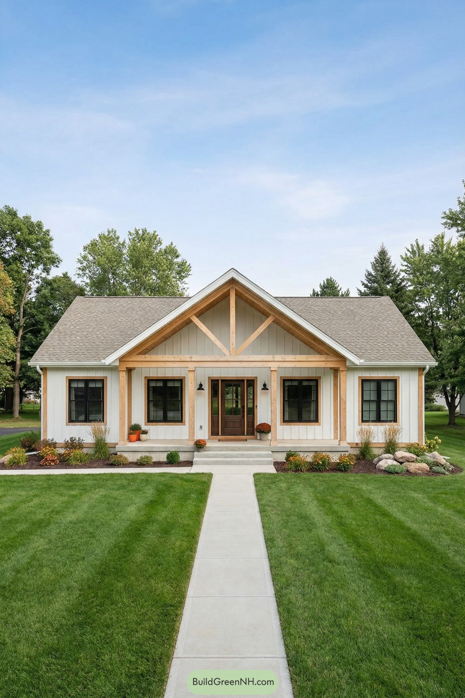 White board and batten house with timber porch gable, central walkway, and manicured front lawn