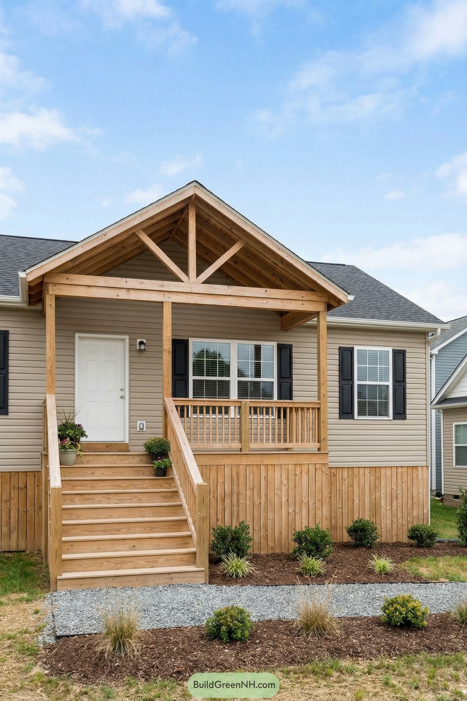 Elevated beige house with natural wood porch, gabled roof, and front steps framed by simple landscaping