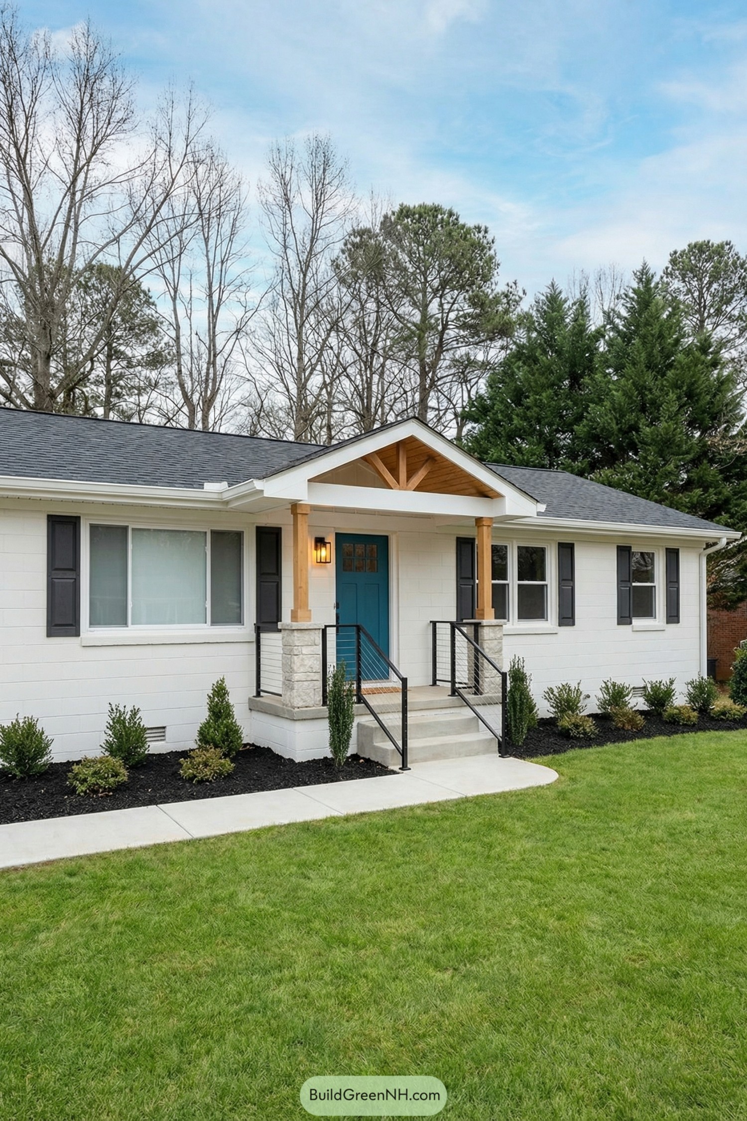 Small white ranch house with timber gabled porch, teal front door, and neat front lawn landscaping
