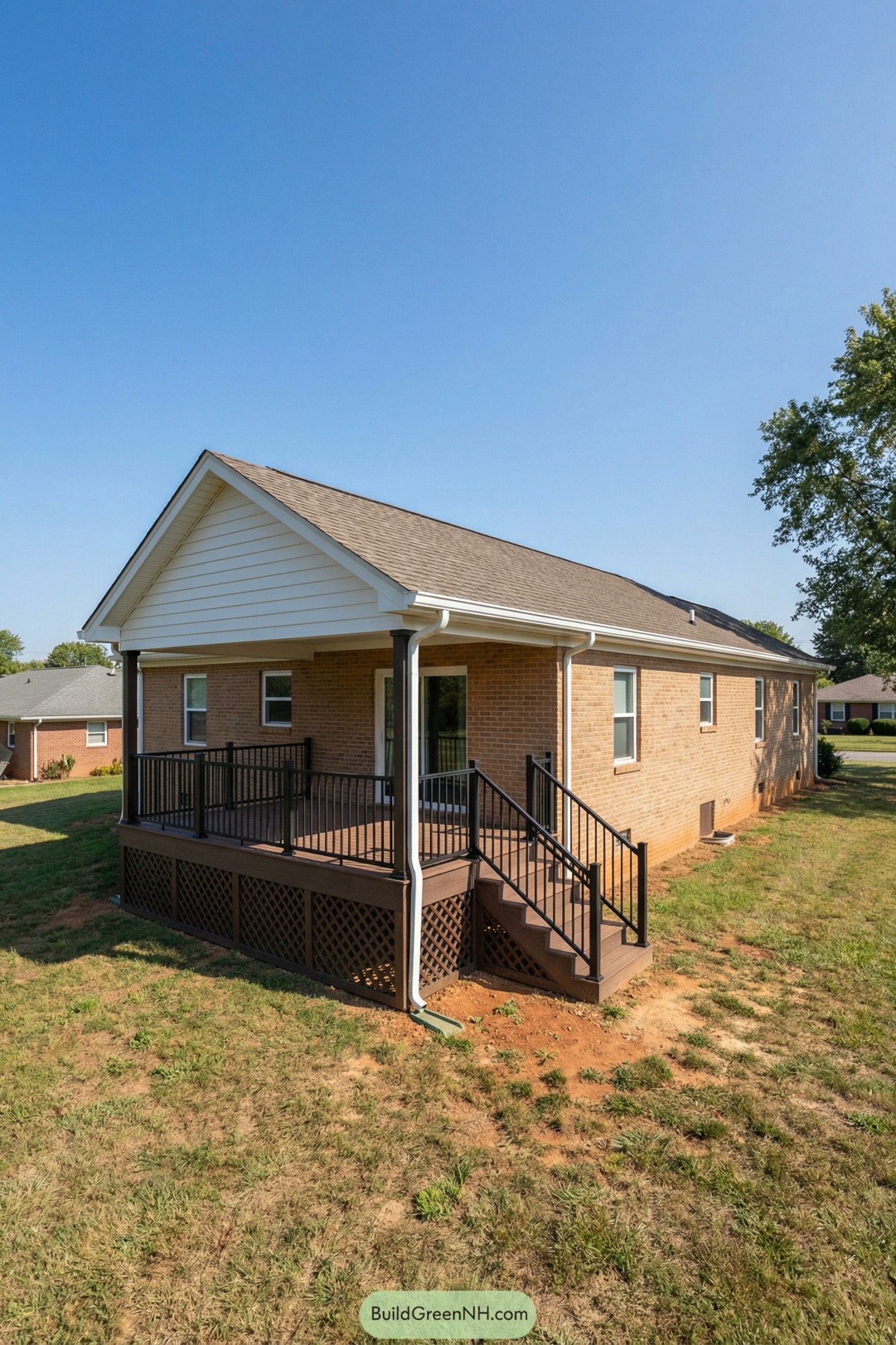 Brick ranch home with raised gabled back porch