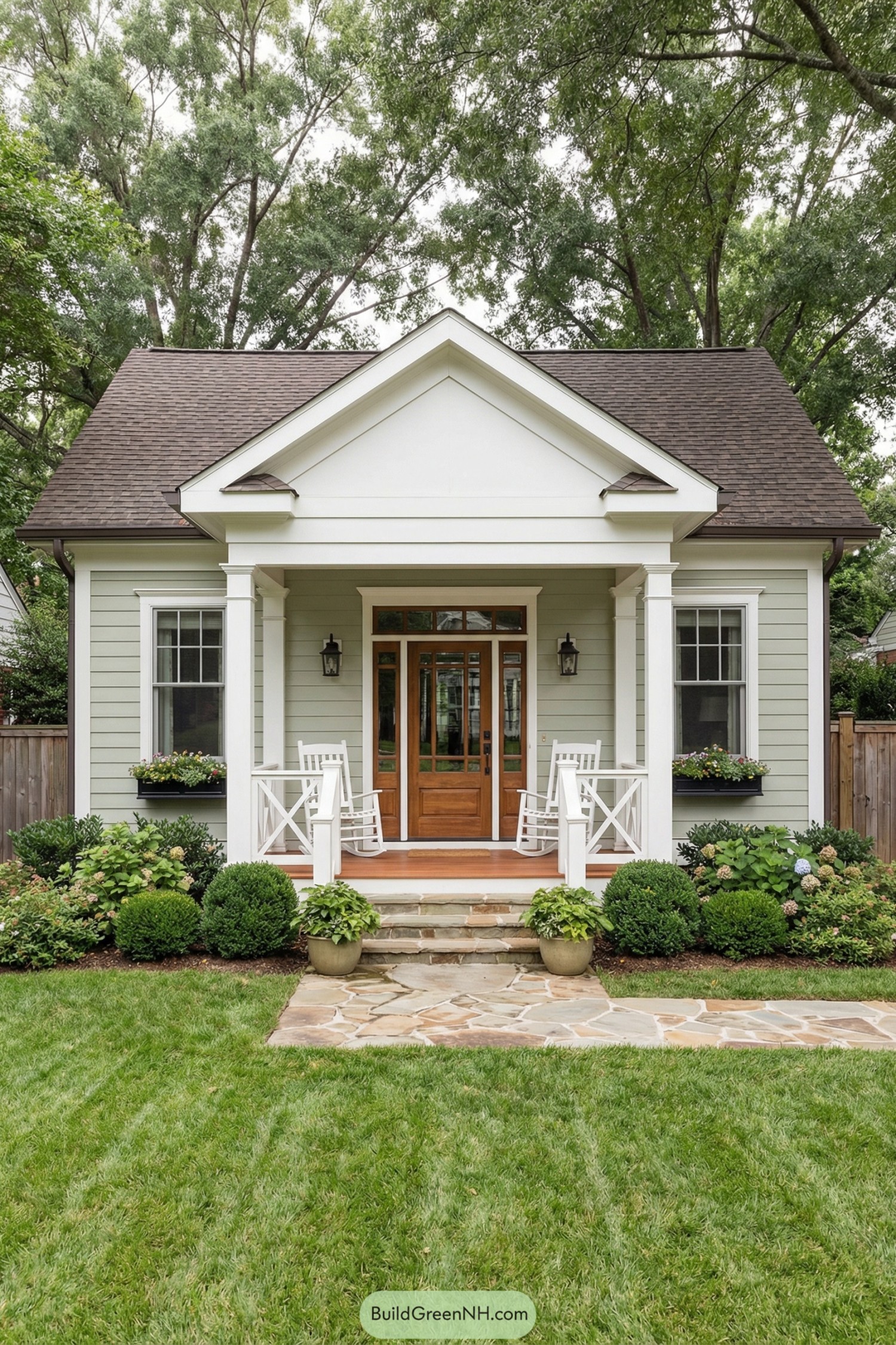 Small cottage with centered gabled porch, rocking chairs, and lush front garden