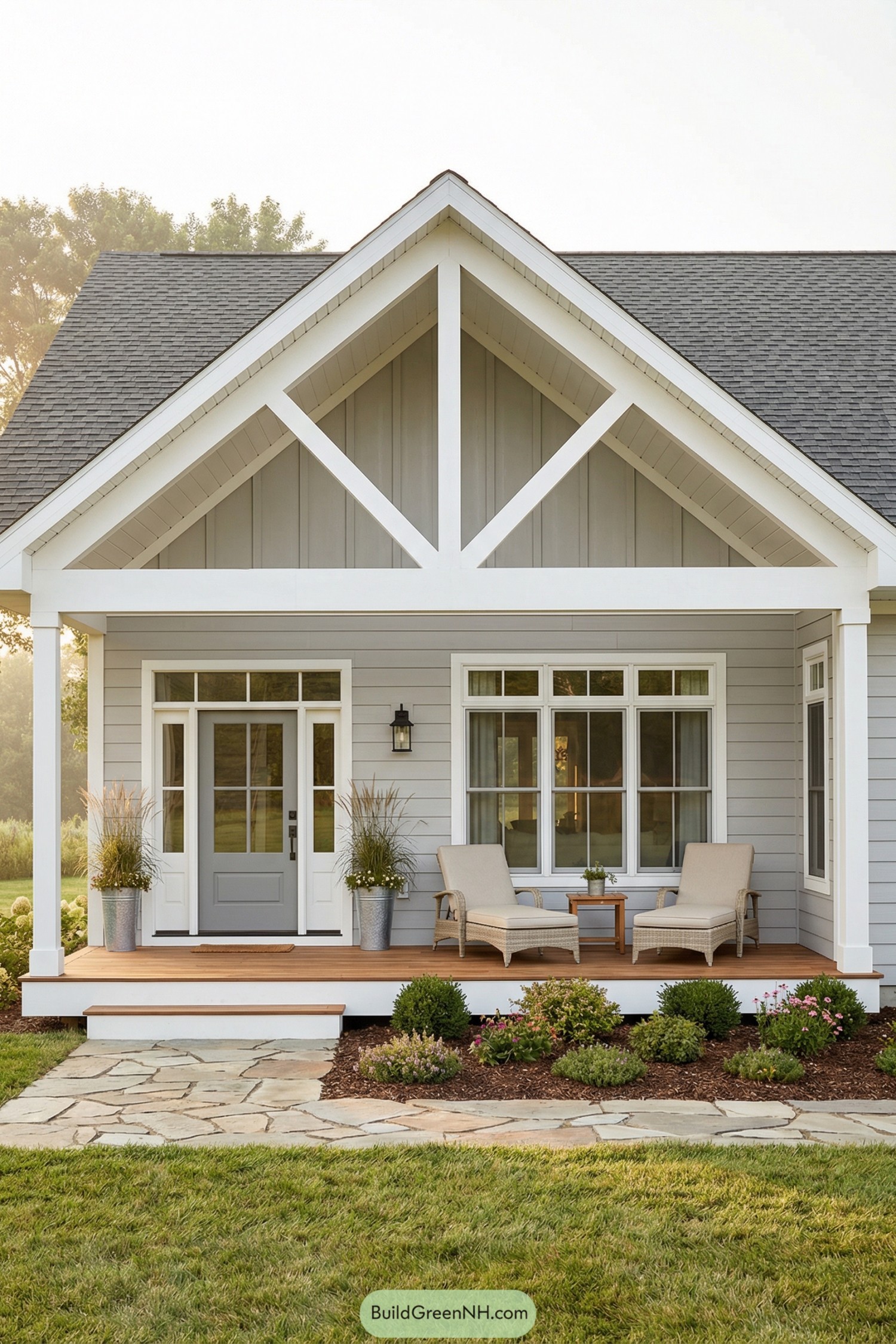 Light gray cottage with gabled front porch and seating