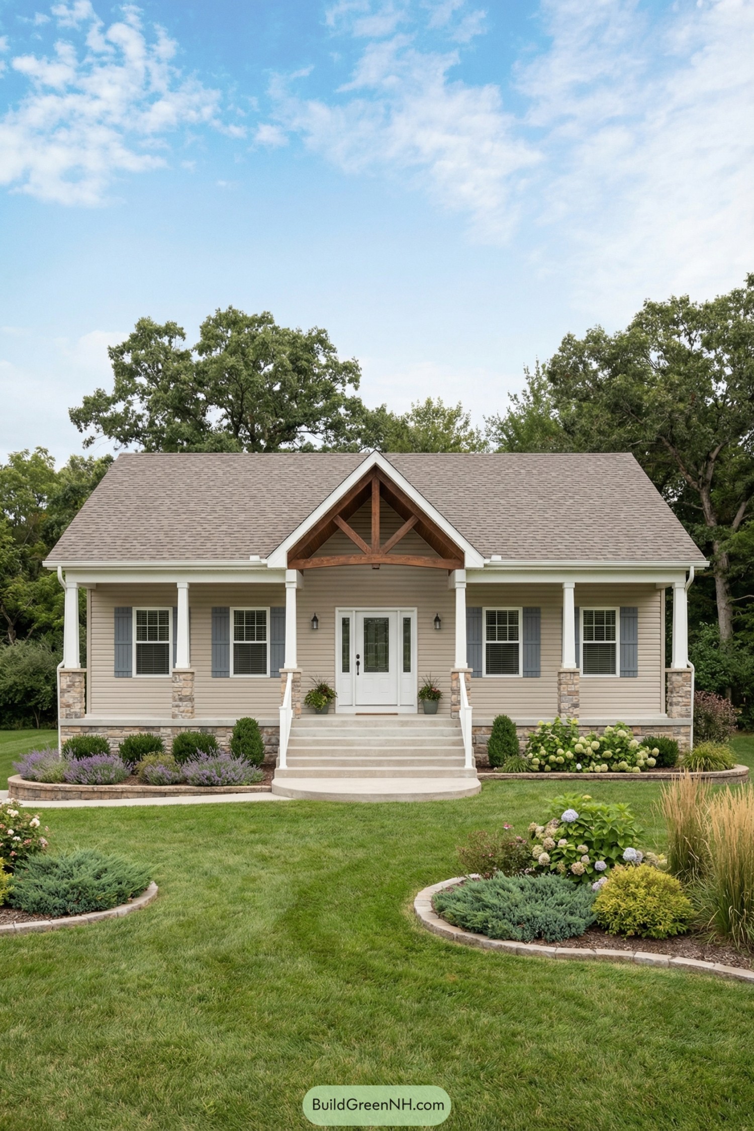 One-story house with central gabled porch