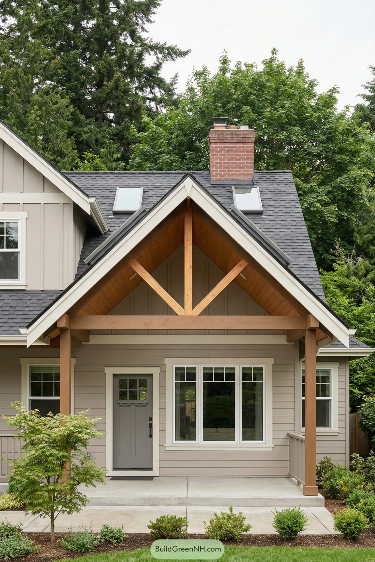 Craftsman home with timber porch gable
